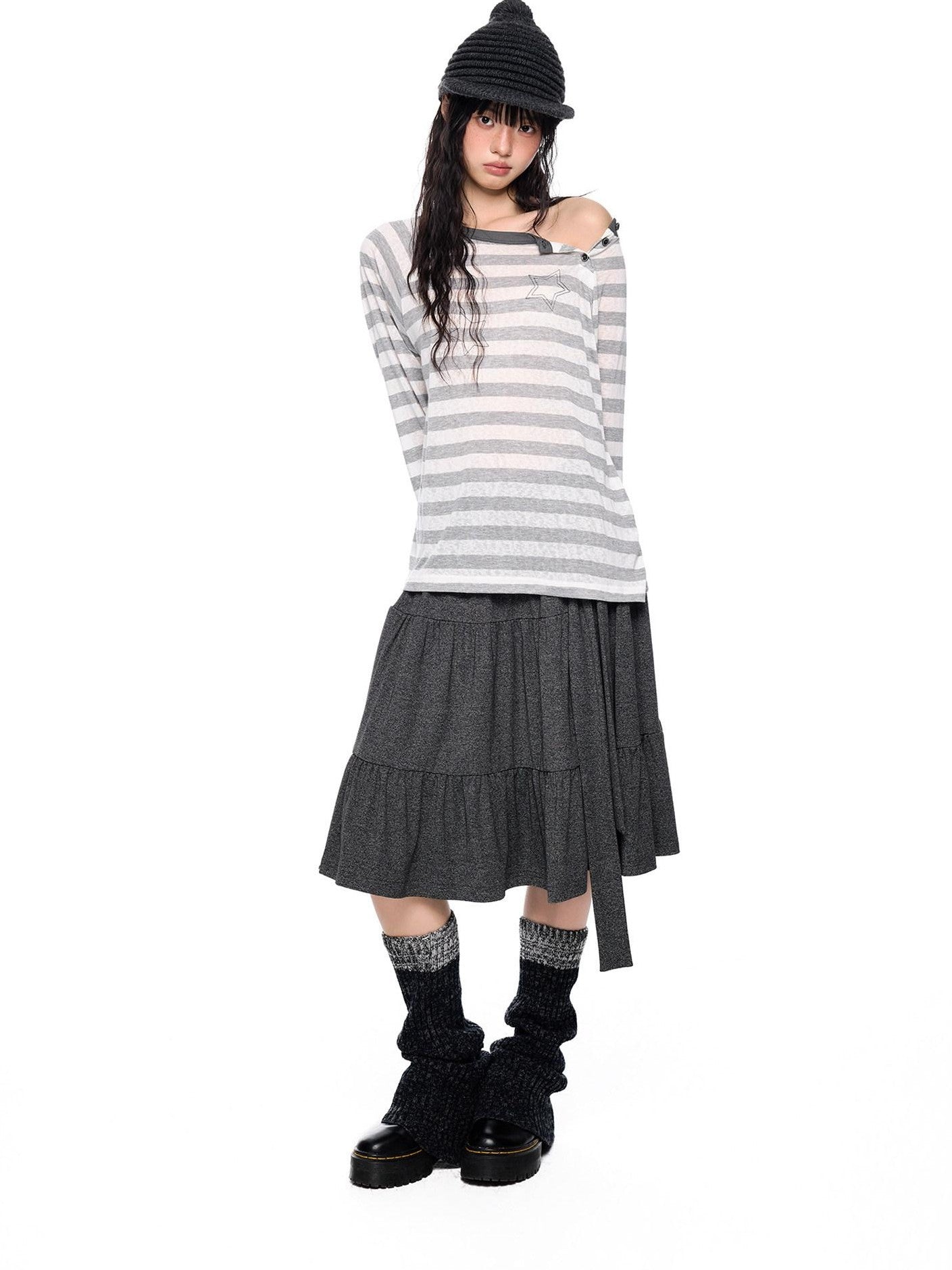 EZEK Tie Patchwork Pleated High Waist A Line Women's Cotton Midi Skirts