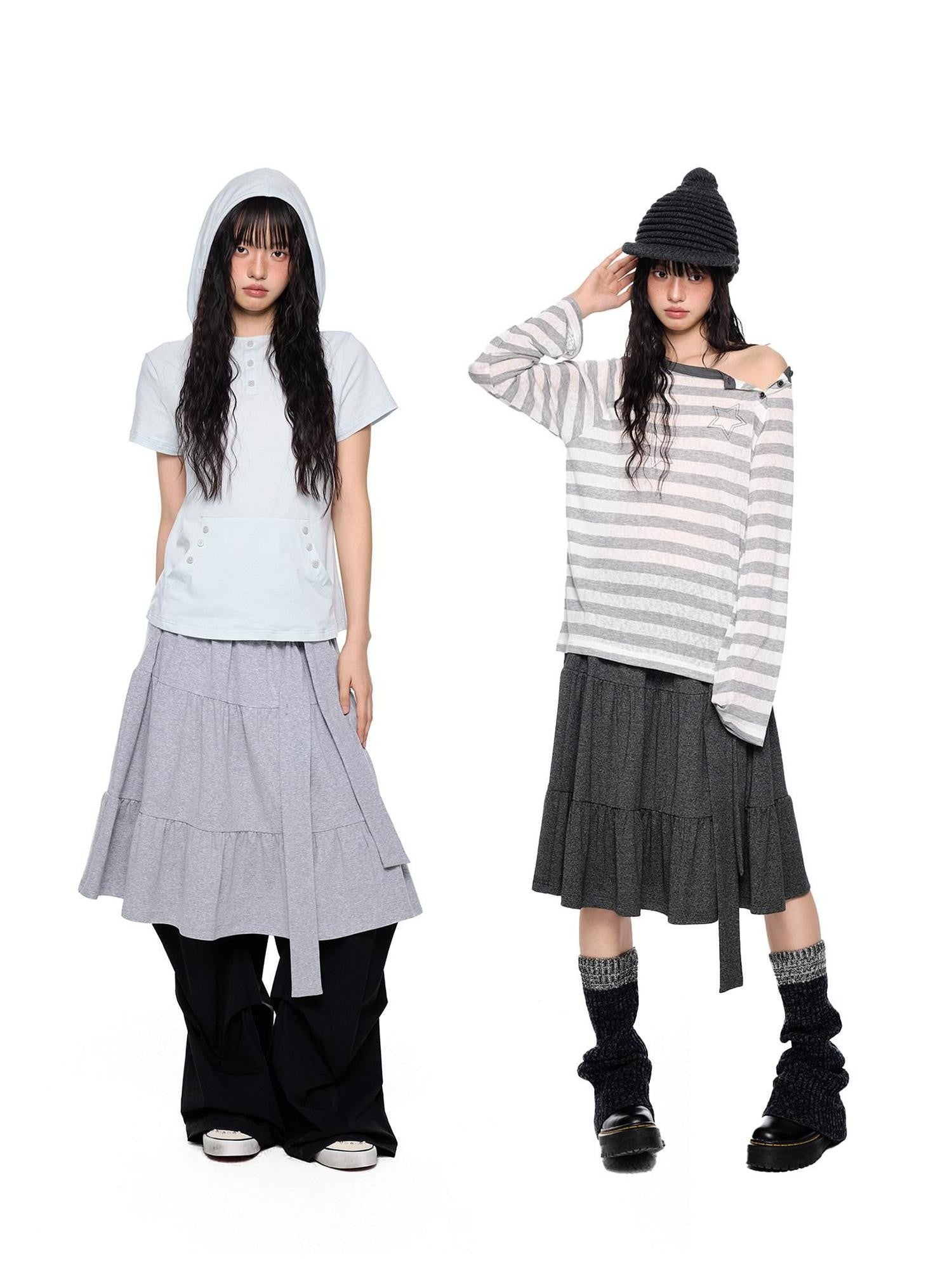 EZEK Tie Patchwork Pleated High Waist A Line Women's Cotton Midi Skirts