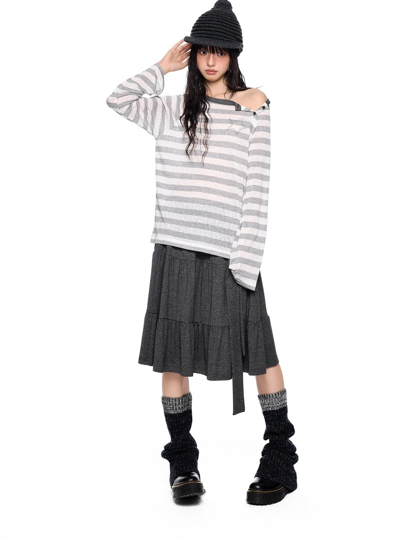 EZEK Tie Patchwork Pleated High Waist A Line Women's Cotton Midi Skirts