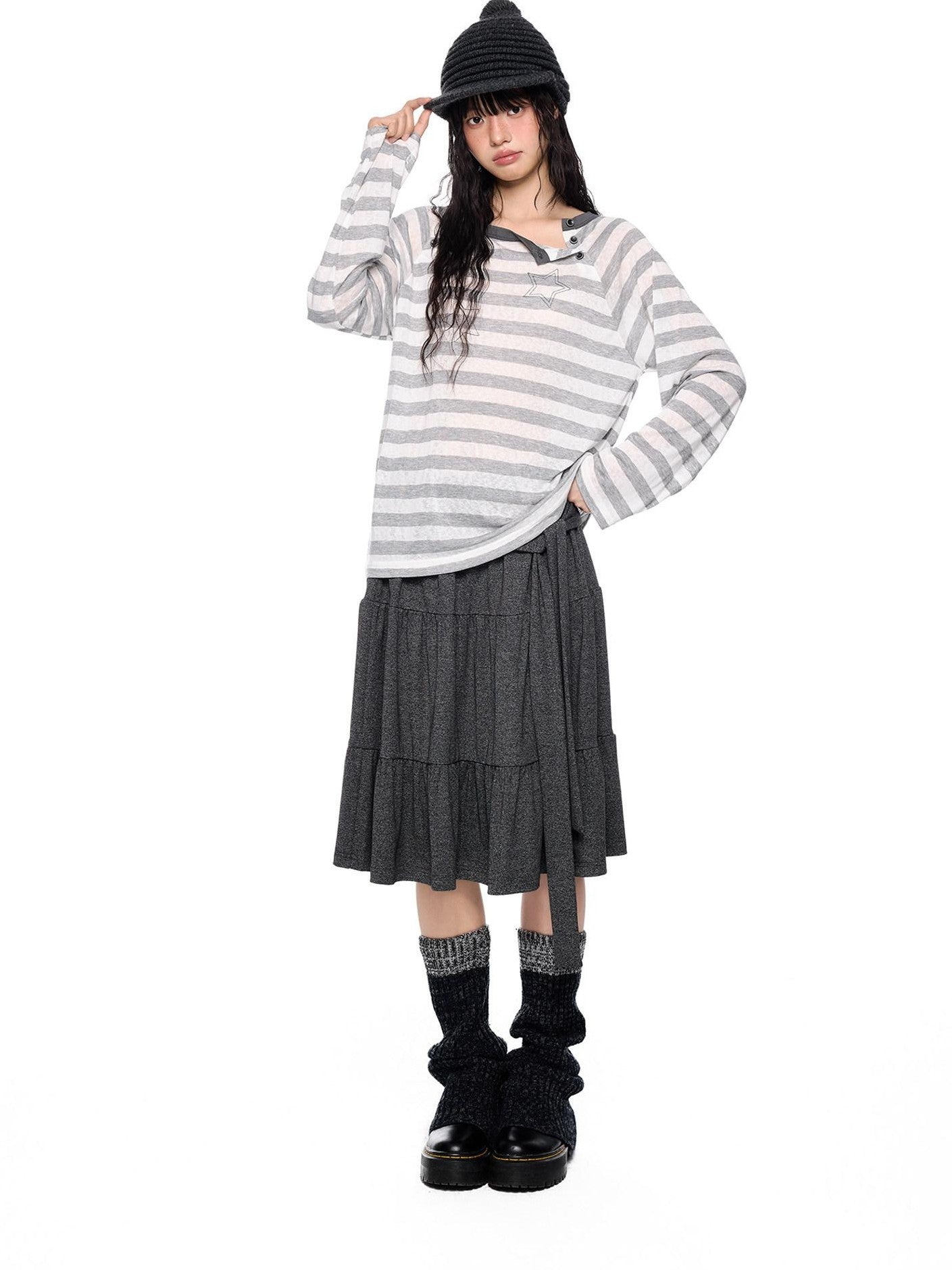 EZEK Tie Patchwork Pleated High Waist A Line Women's Cotton Midi Skirts