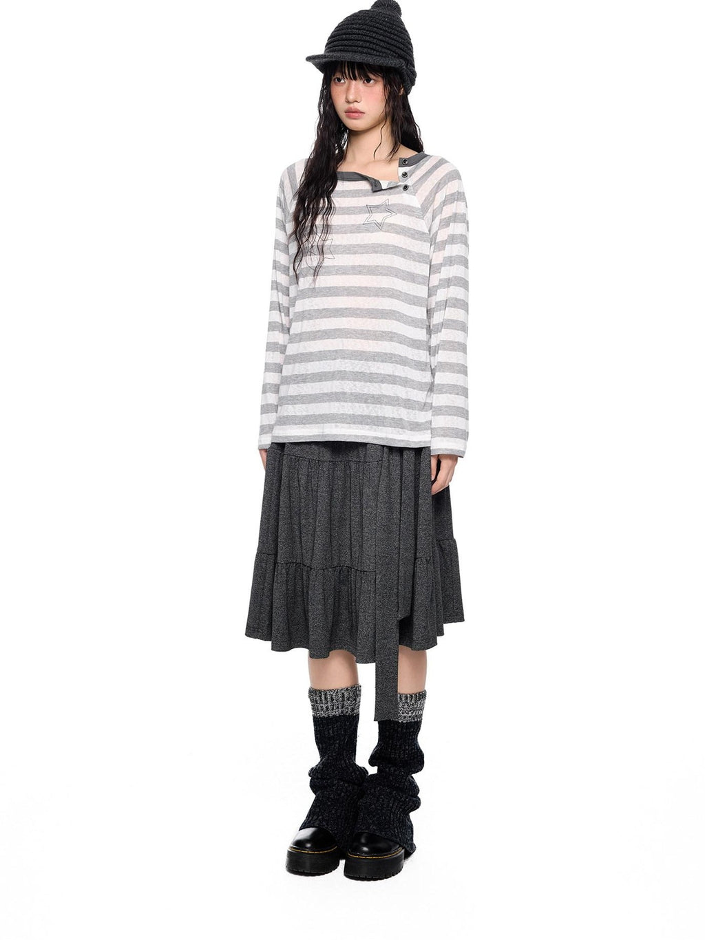 EZEK Tie Patchwork Pleated High Waist A Line Women's Cotton Midi Skirts