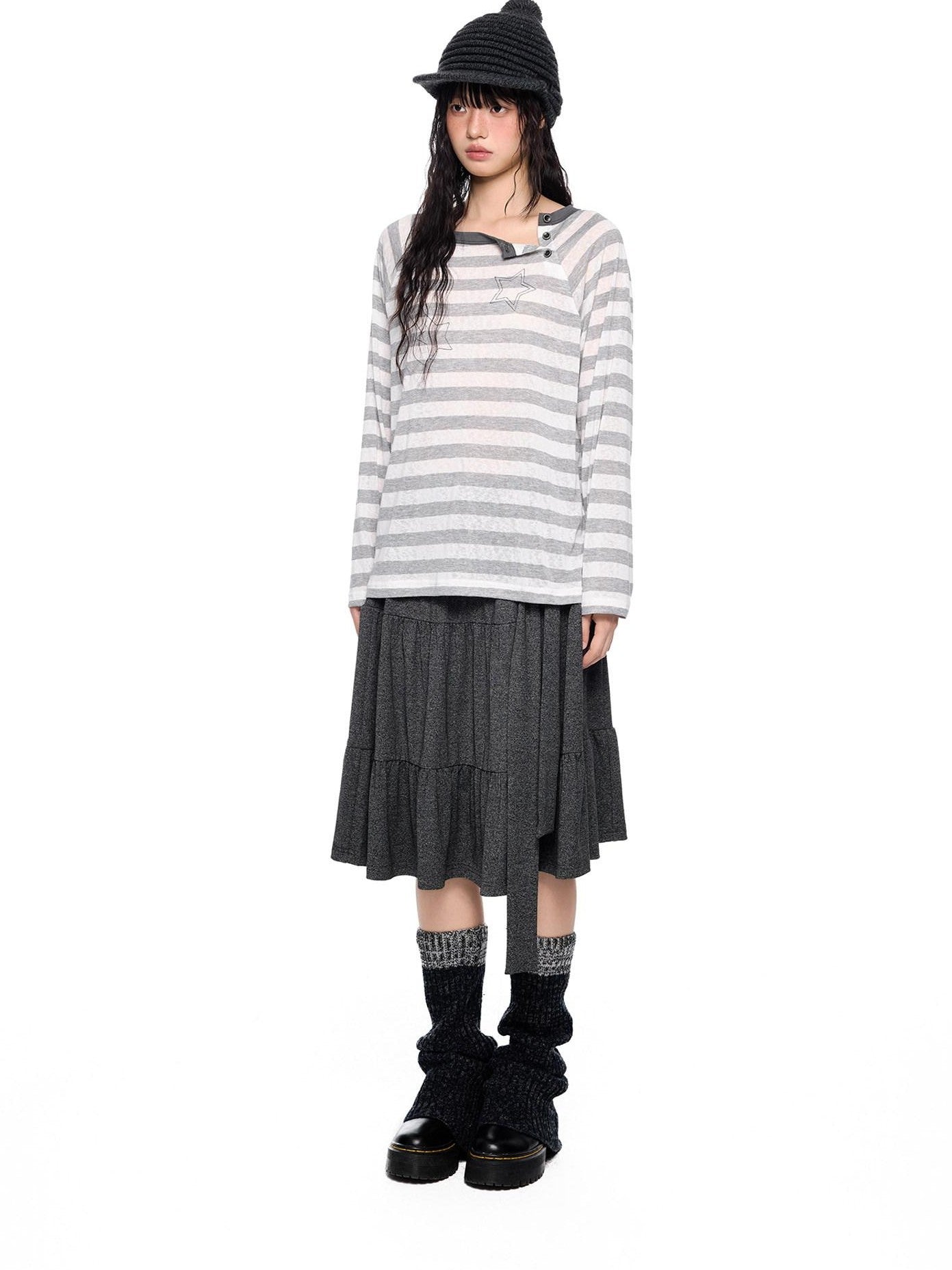 EZEK Tie Patchwork Pleated High Waist A Line Women's Cotton Midi Skirts