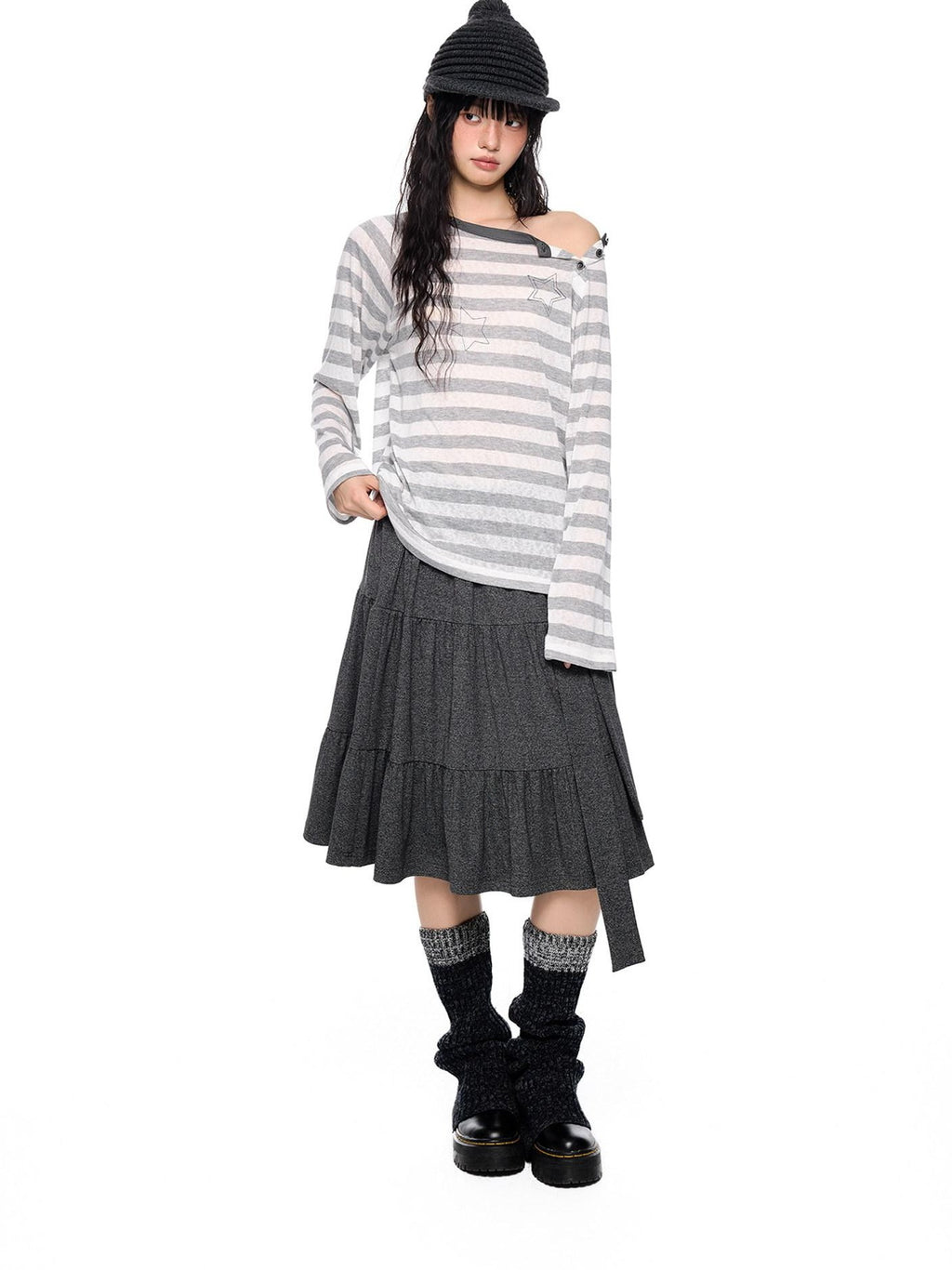 EZEK Tie Patchwork Pleated High Waist A Line Women's Cotton Midi Skirts