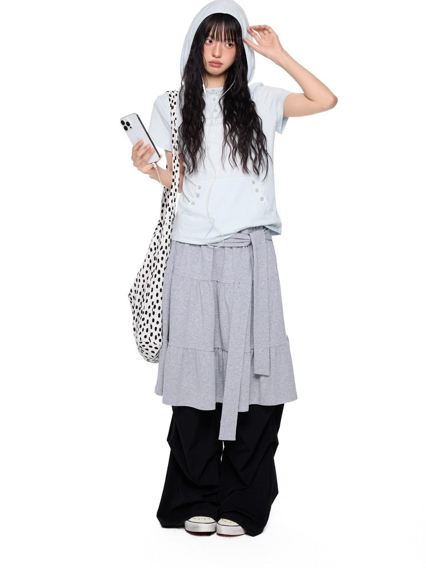 EZEK Tie Patchwork Pleated High Waist A Line Women's Cotton Midi Skirts