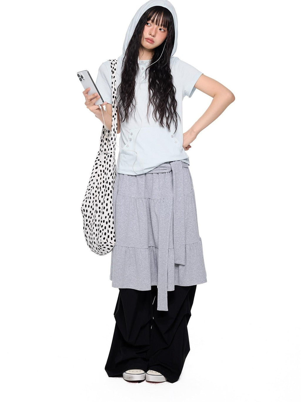EZEK Tie Patchwork Pleated High Waist A Line Women's Cotton Midi Skirts