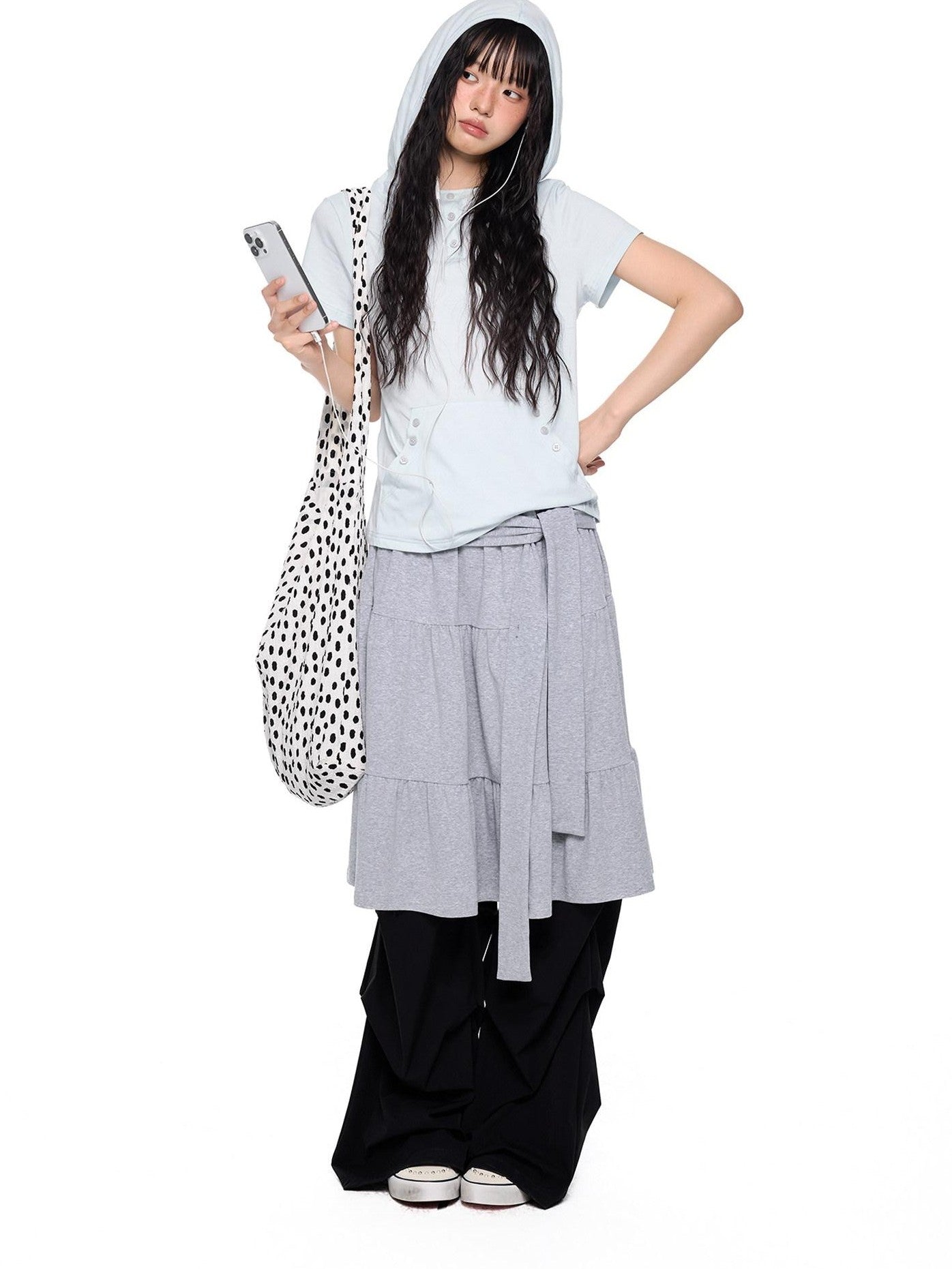 EZEK Tie Patchwork Pleated High Waist A Line Women's Cotton Midi Skirts