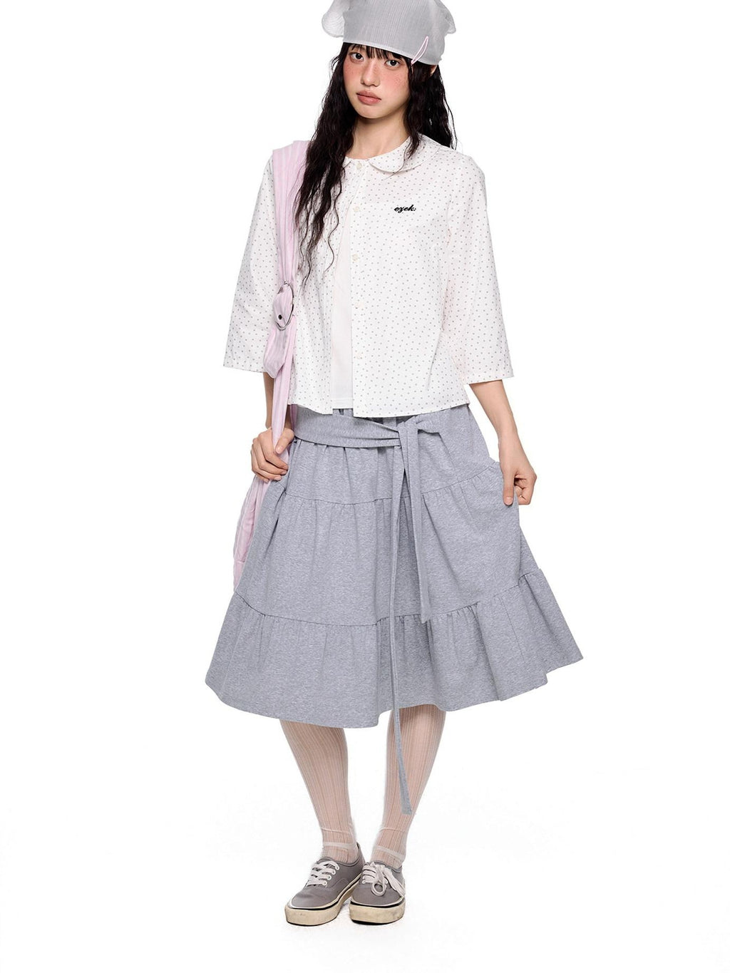 EZEK Tie Patchwork Pleated High Waist A Line Women's Cotton Midi Skirts