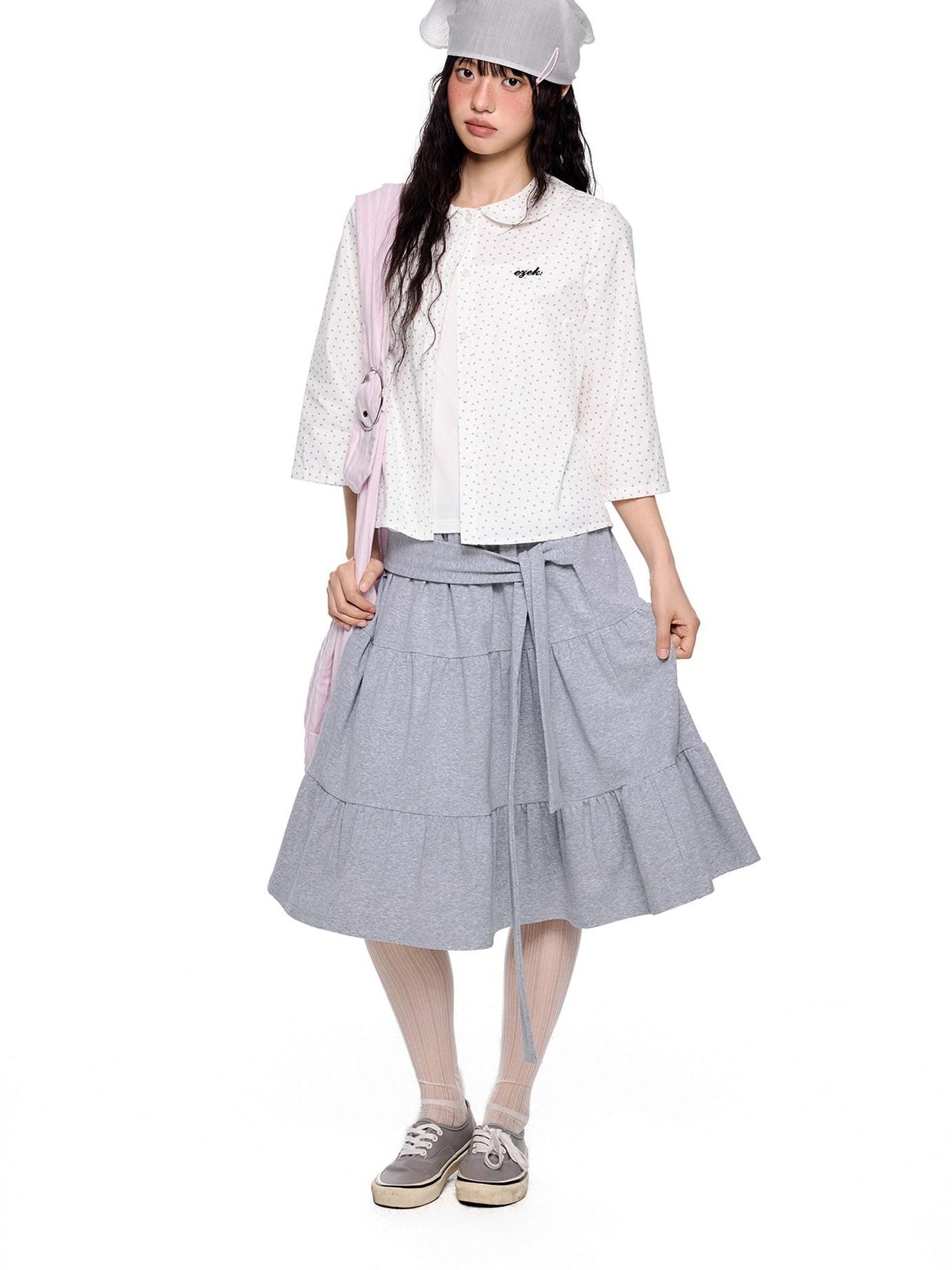 EZEK Tie Patchwork Pleated High Waist A Line Women's Cotton Midi Skirts