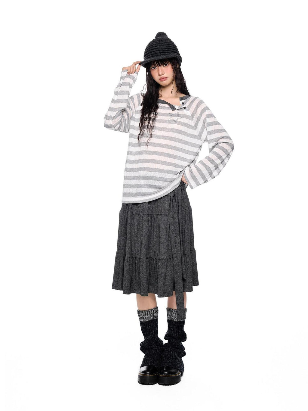 EZEK Tie Patchwork Pleated High Waist A Line Women's Cotton Midi Skirts
