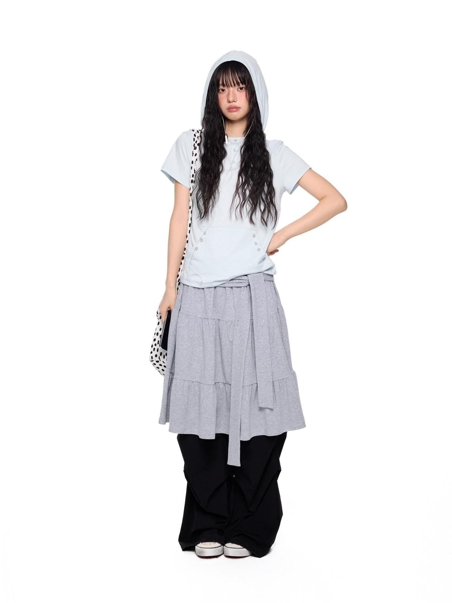 EZEK Tie Patchwork Pleated High Waist A Line Women's Cotton Midi Skirts