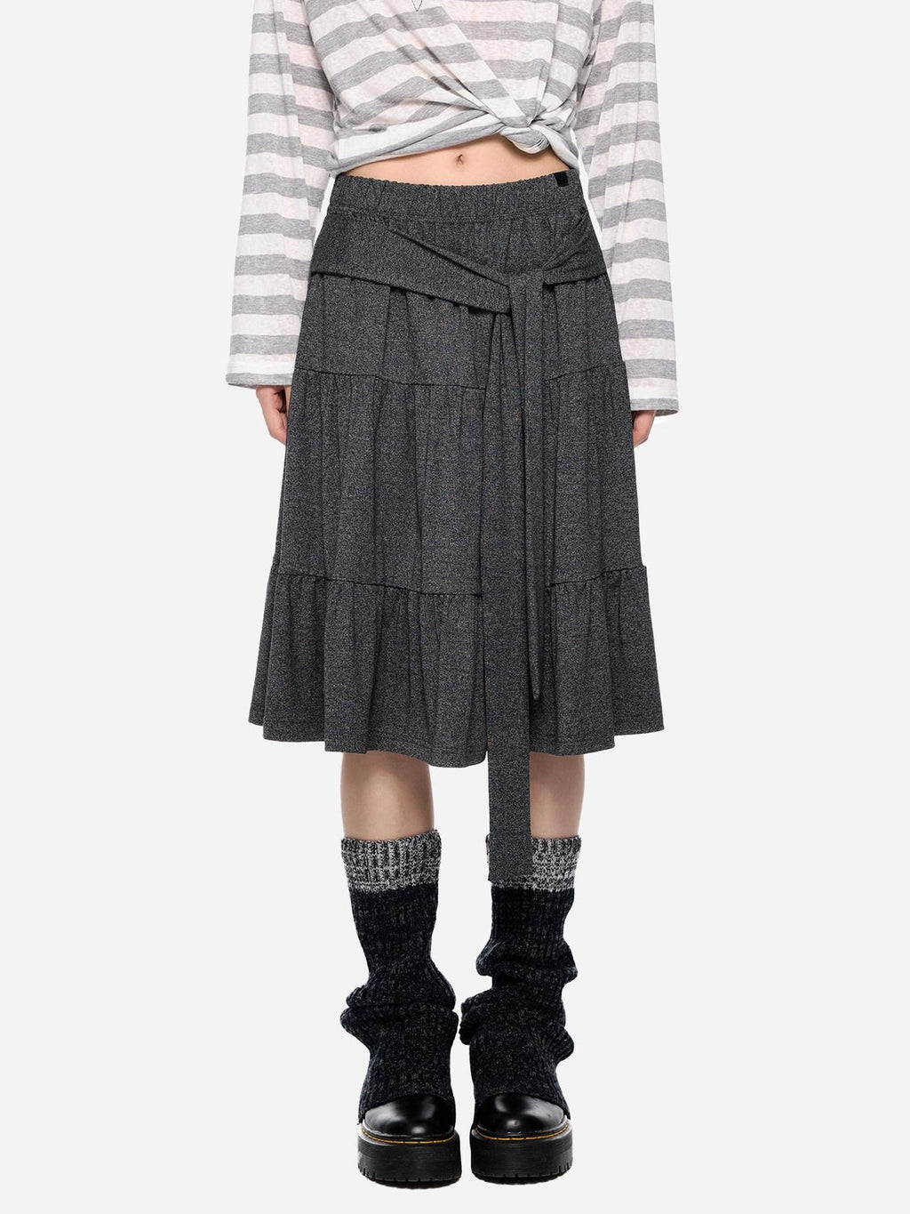 EZEK Tie Patchwork Pleated High Waist A Line Women's Cotton Midi Skirts