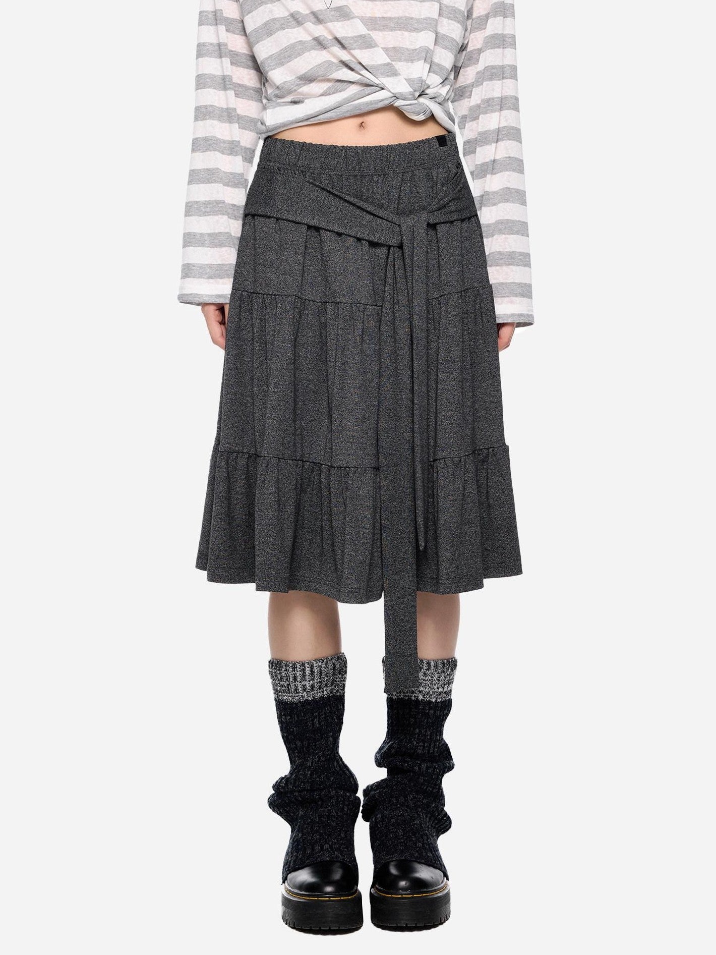 EZEK Tie Patchwork Pleated High Waist A Line Women's Cotton Midi Skirts