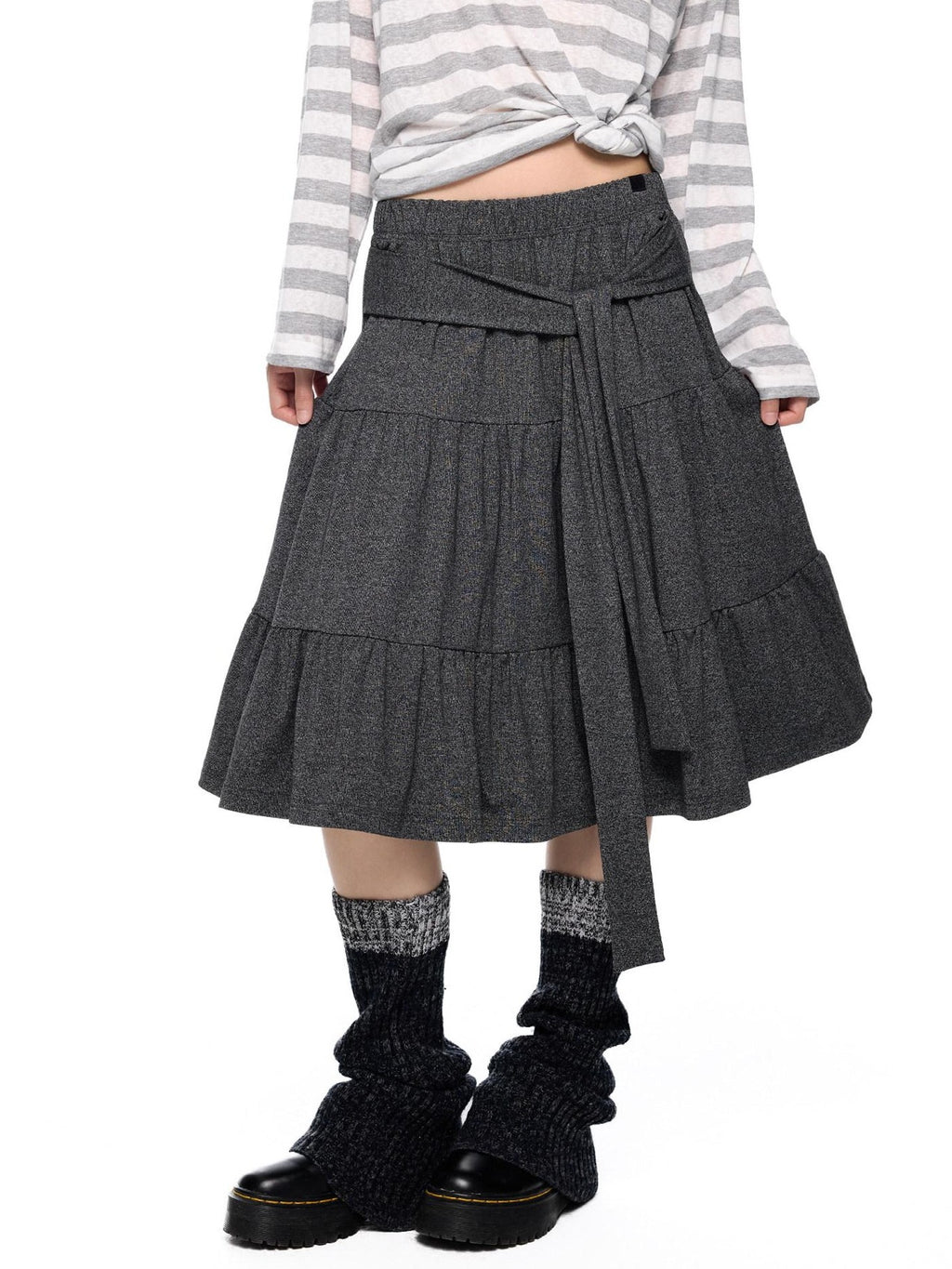 EZEK Tie Patchwork Pleated High Waist A Line Women's Cotton Midi Skirts