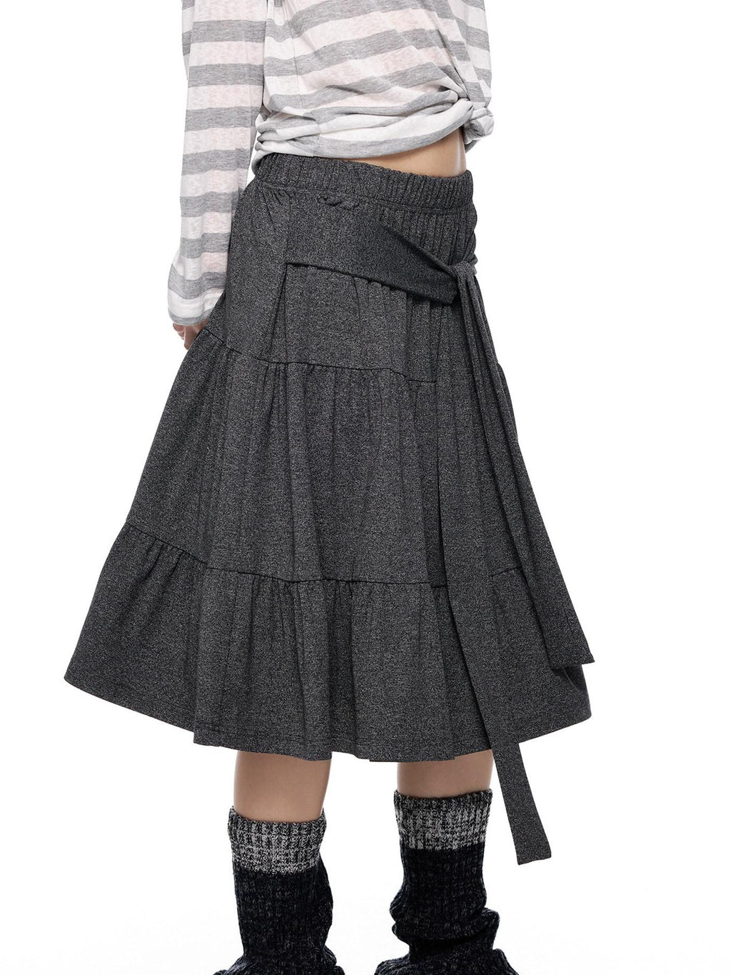 EZEK Tie Patchwork Pleated High Waist A Line Women's Cotton Midi Skirts
