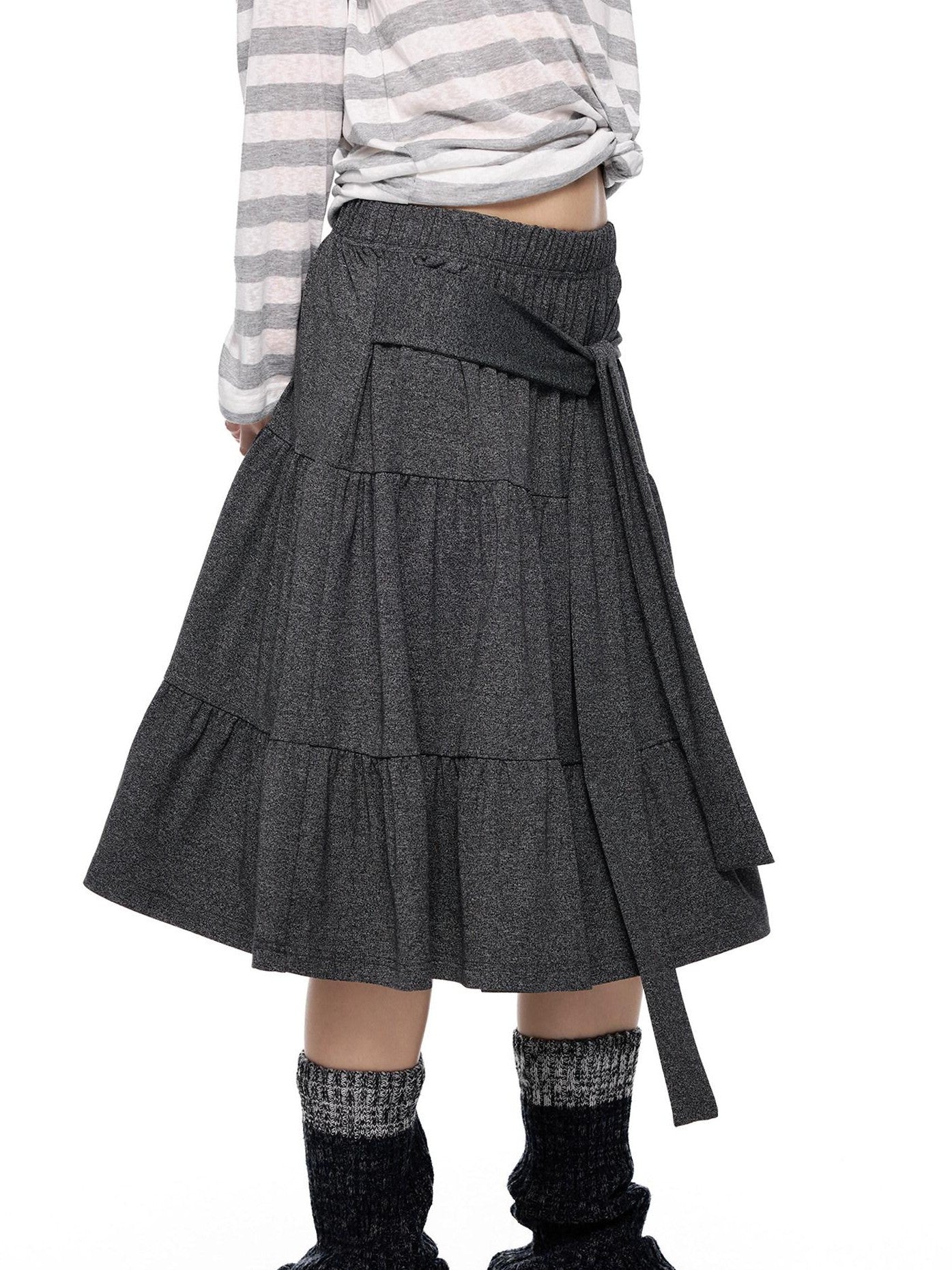 EZEK Tie Patchwork Pleated High Waist A Line Women's Cotton Midi Skirts