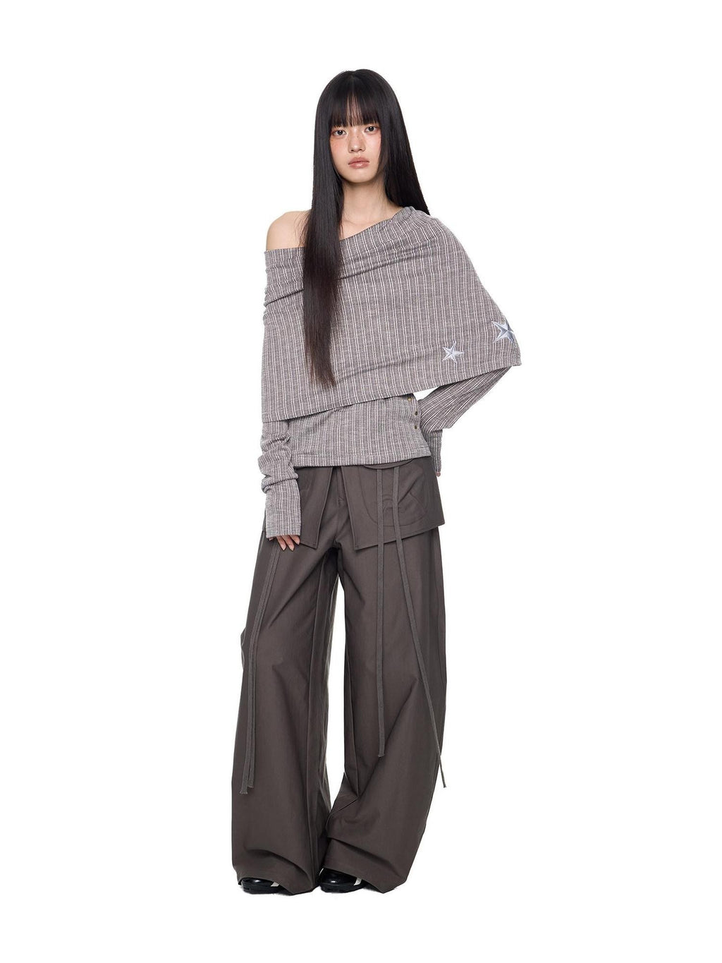 EZEK Vertical Stripe Off Shoulder Women's Cotton Blend Knit Long Sleeve T-shirts