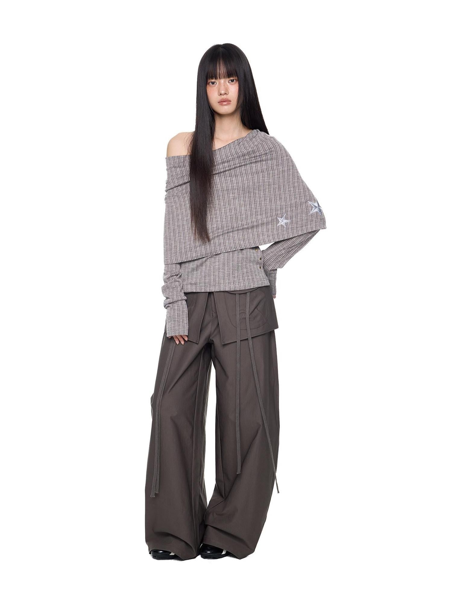 EZEK Vertical Stripe Off Shoulder Women's Cotton Blend Knit Long Sleeve T-shirts