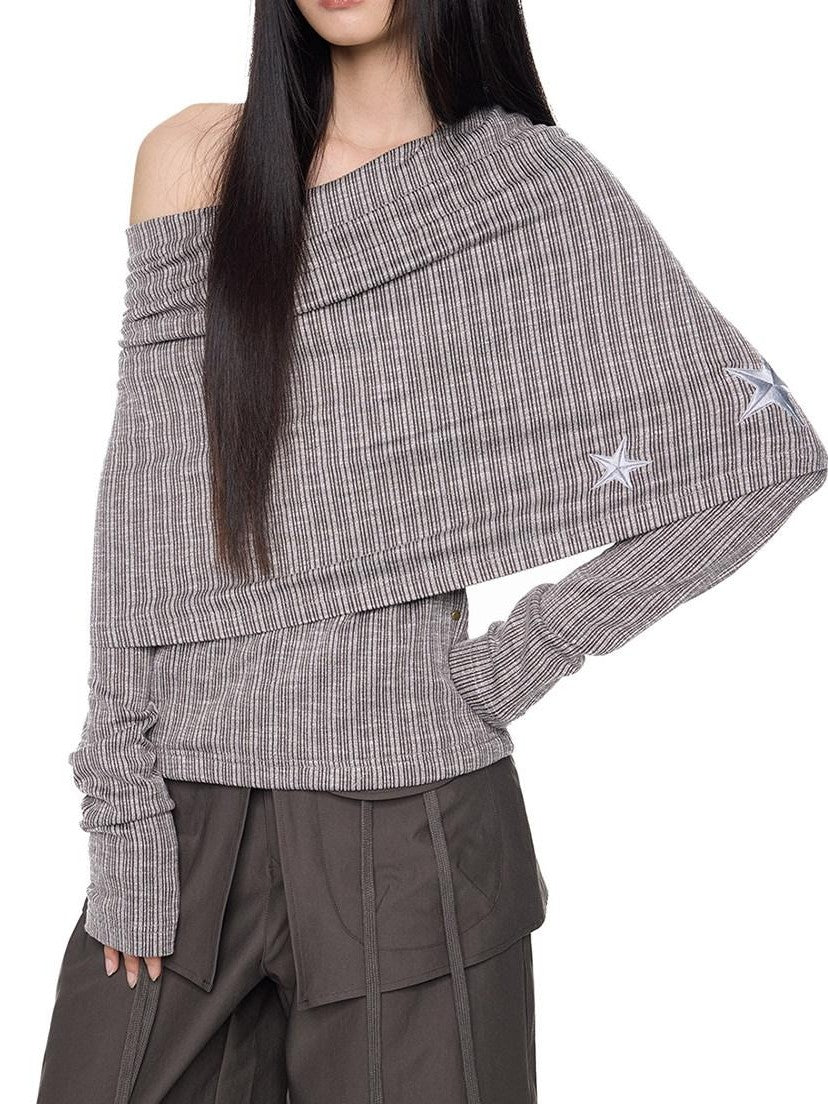 EZEK Vertical Stripe Off Shoulder Women's Cotton Blend Knit Long Sleeve T-shirts