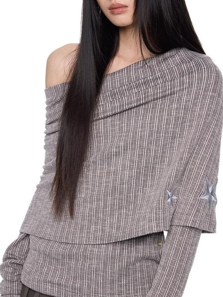 EZEK Vertical Stripe Off Shoulder Women's Cotton Blend Knit Long Sleeve T-shirts