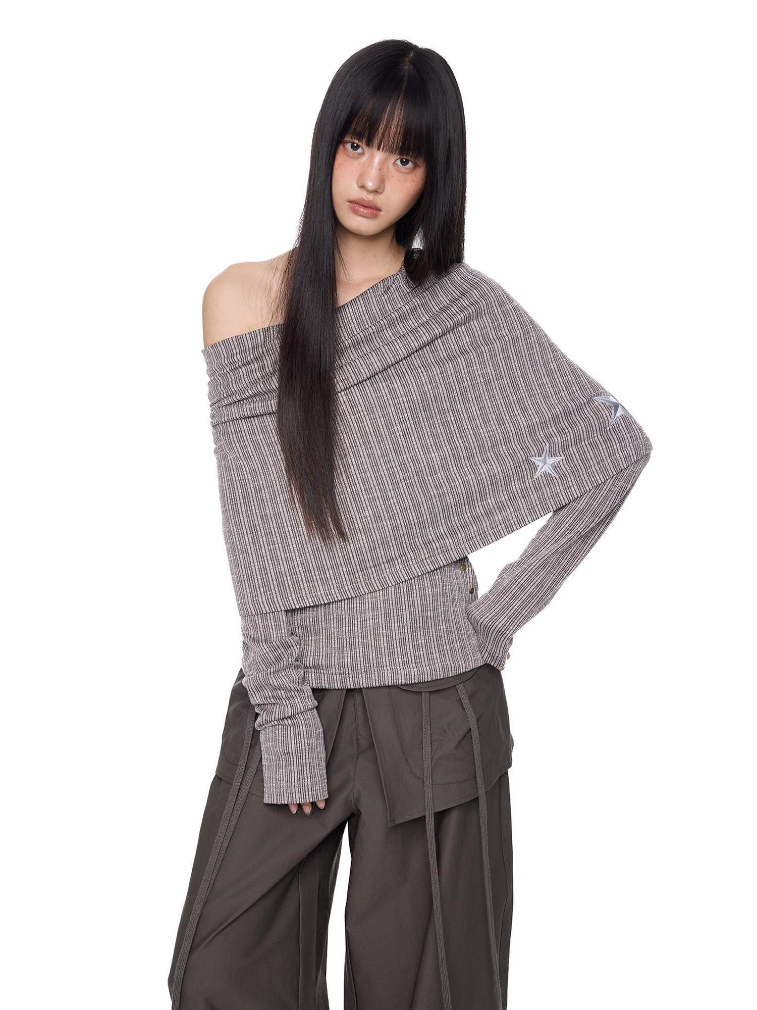 EZEK Vertical Stripe Off Shoulder Women's Cotton Blend Knit Long Sleeve T-shirts