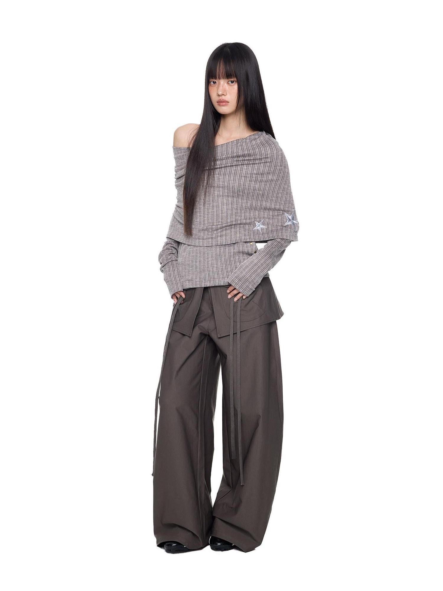 EZEK Vertical Stripe Off Shoulder Women's Cotton Blend Knit Long Sleeve T-shirts