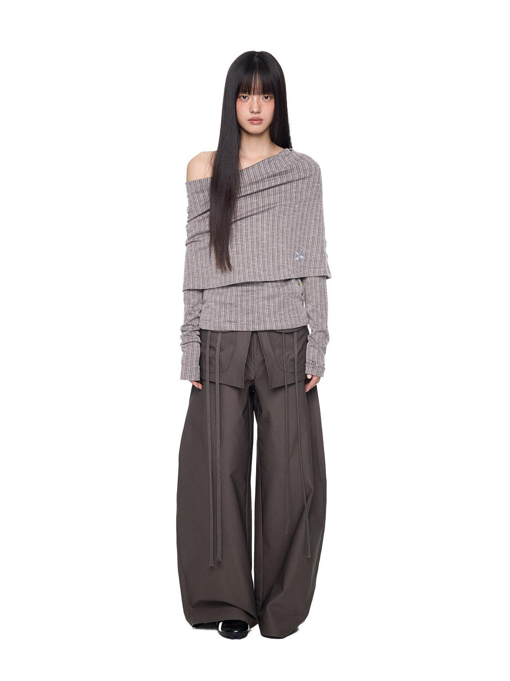 EZEK Vertical Stripe Off Shoulder Women's Cotton Blend Knit Long Sleeve T-shirts