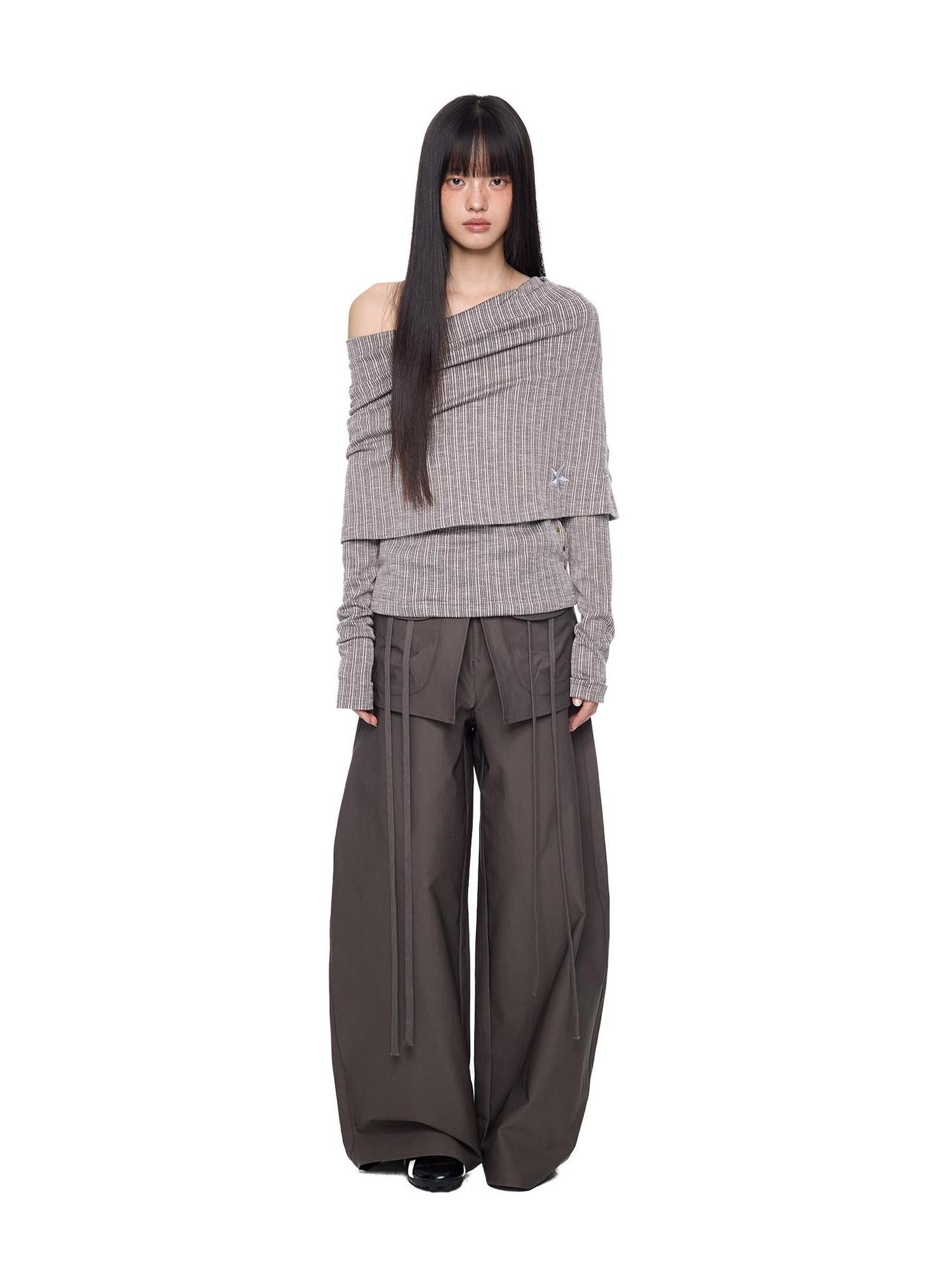 EZEK Vertical Stripe Off Shoulder Women's Cotton Blend Knit Long Sleeve T-shirts