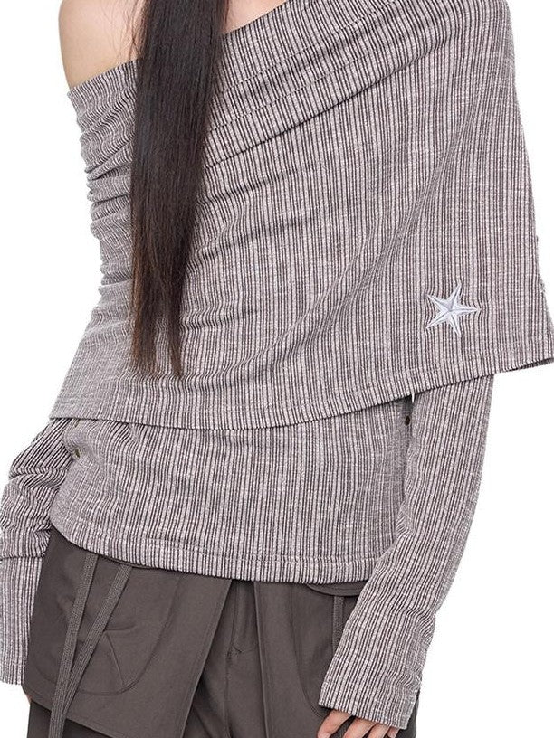 EZEK Vertical Stripe Off Shoulder Women's Cotton Blend Knit Long Sleeve T-shirts