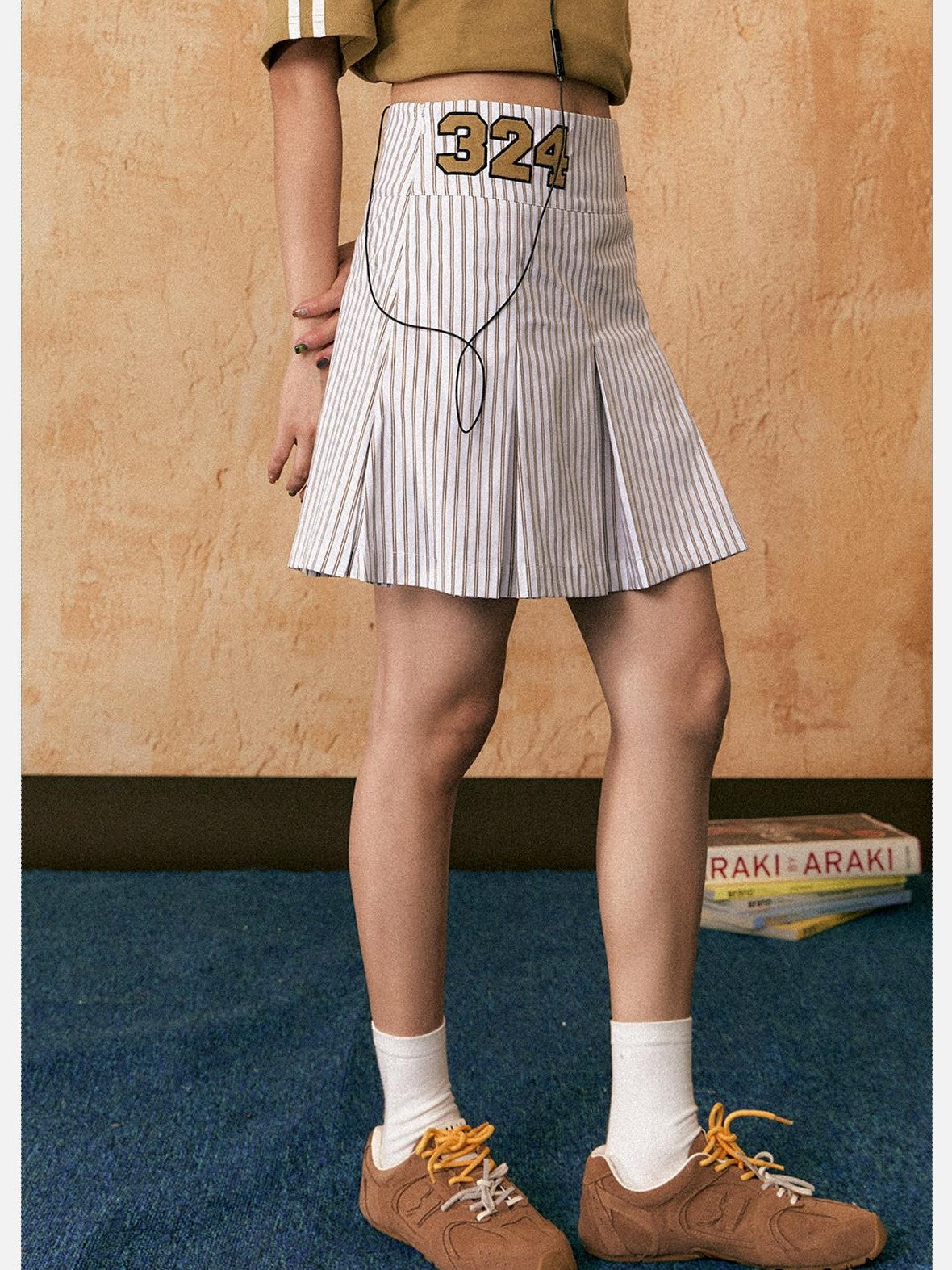 EZEK Vertical Stripe Pleated High Waist Pocket Women's Cotton Blend A-line Skirts