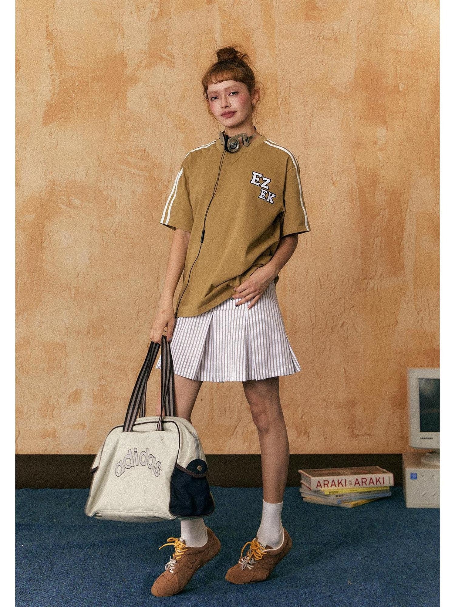 EZEK Vertical Stripe Pleated High Waist Pocket Women's Cotton Blend A-line Skirts