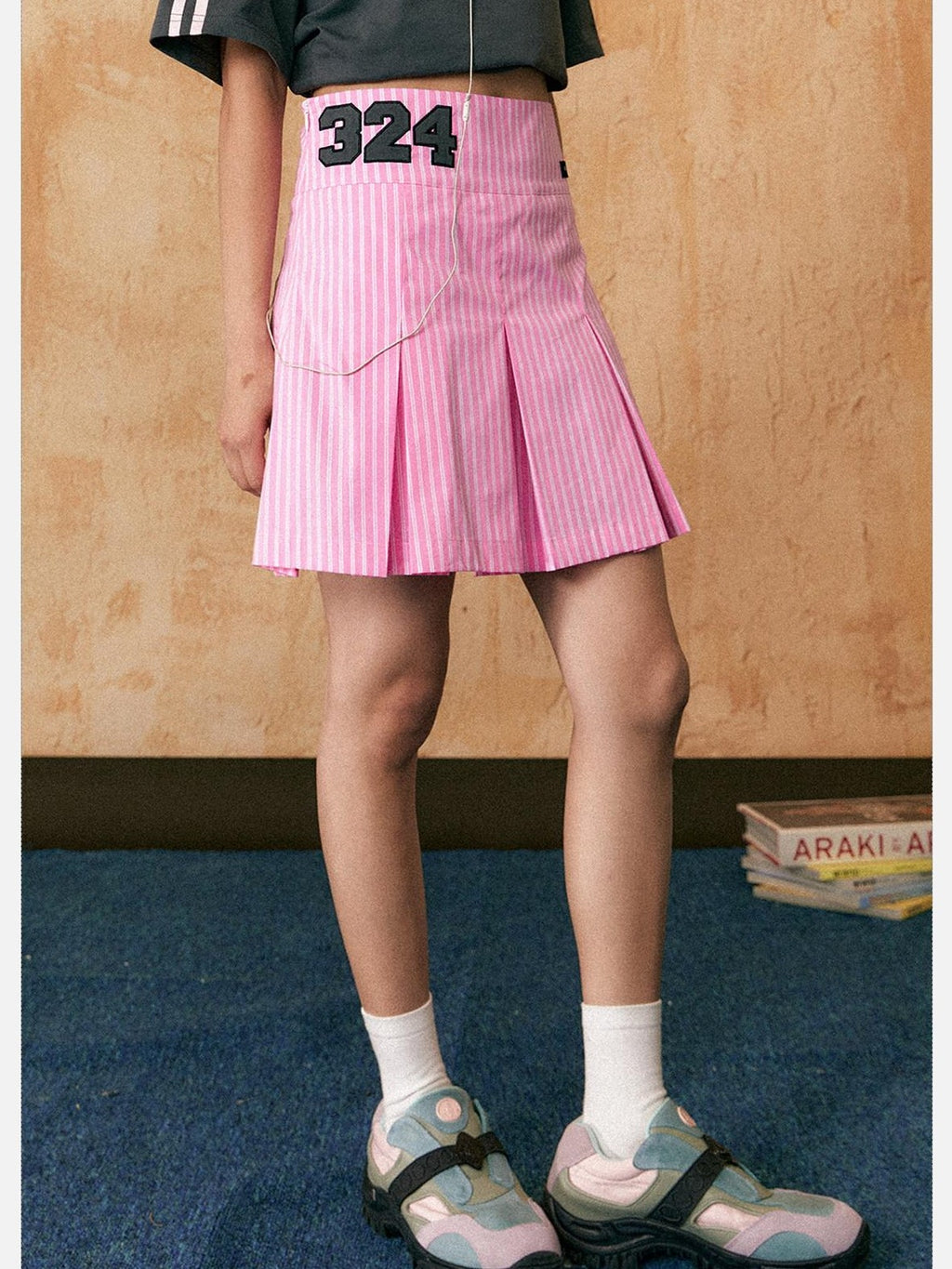 EZEK Vertical Stripe Pleated High Waist Pocket Women's Cotton Blend A-line Skirts