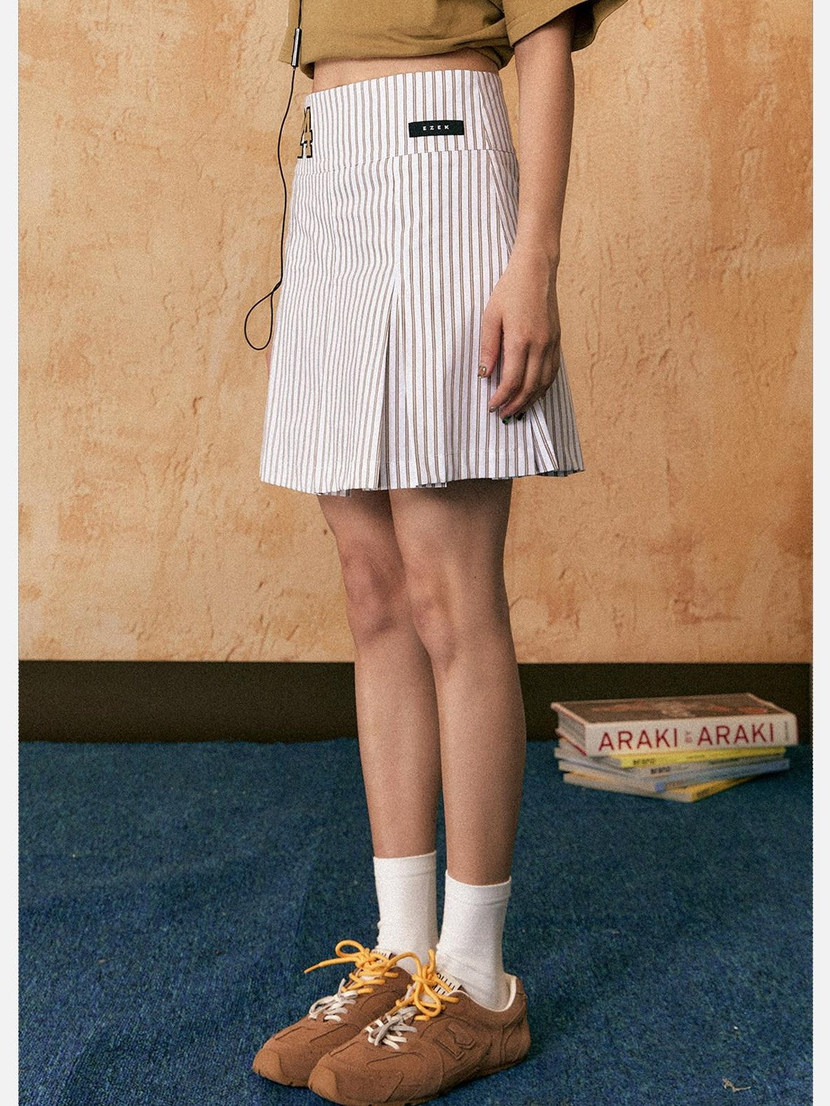 EZEK Vertical Stripe Pleated High Waist Pocket Women's Cotton Blend A-line Skirts