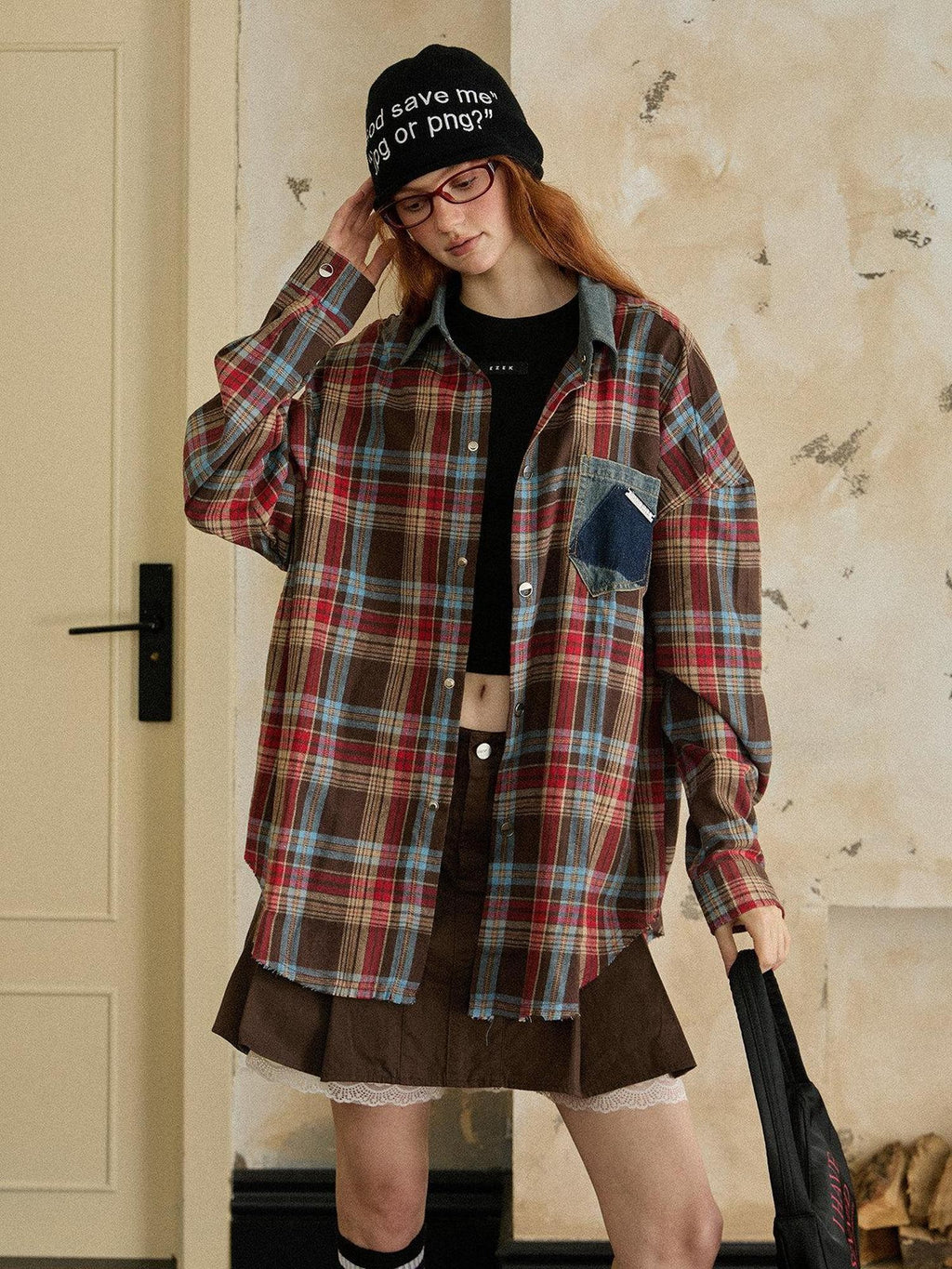 EZEK Vintage Brushed Edge Plaid Button Collar Women's Poly Cotton Oversized Shirts