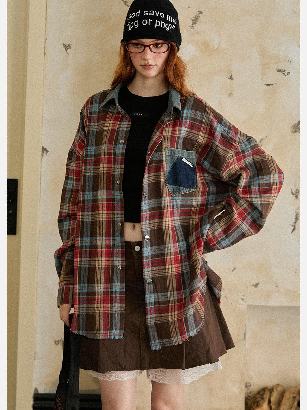 EZEK Vintage Brushed Edge Plaid Button Collar Women's Poly Cotton Oversized Shirts