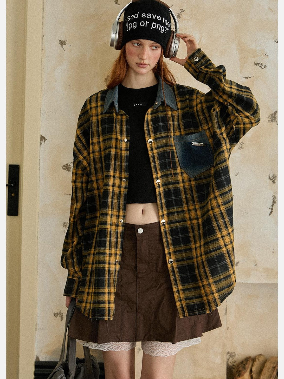 EZEK Vintage Brushed Edge Plaid Button Collar Women's Poly Cotton Oversized Shirts