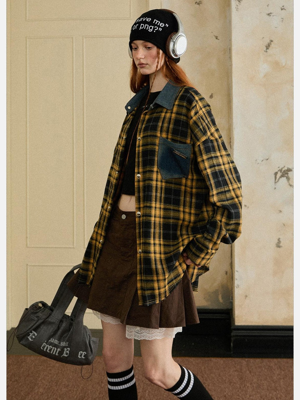 EZEK Vintage Brushed Edge Plaid Button Collar Women's Poly Cotton Oversized Shirts