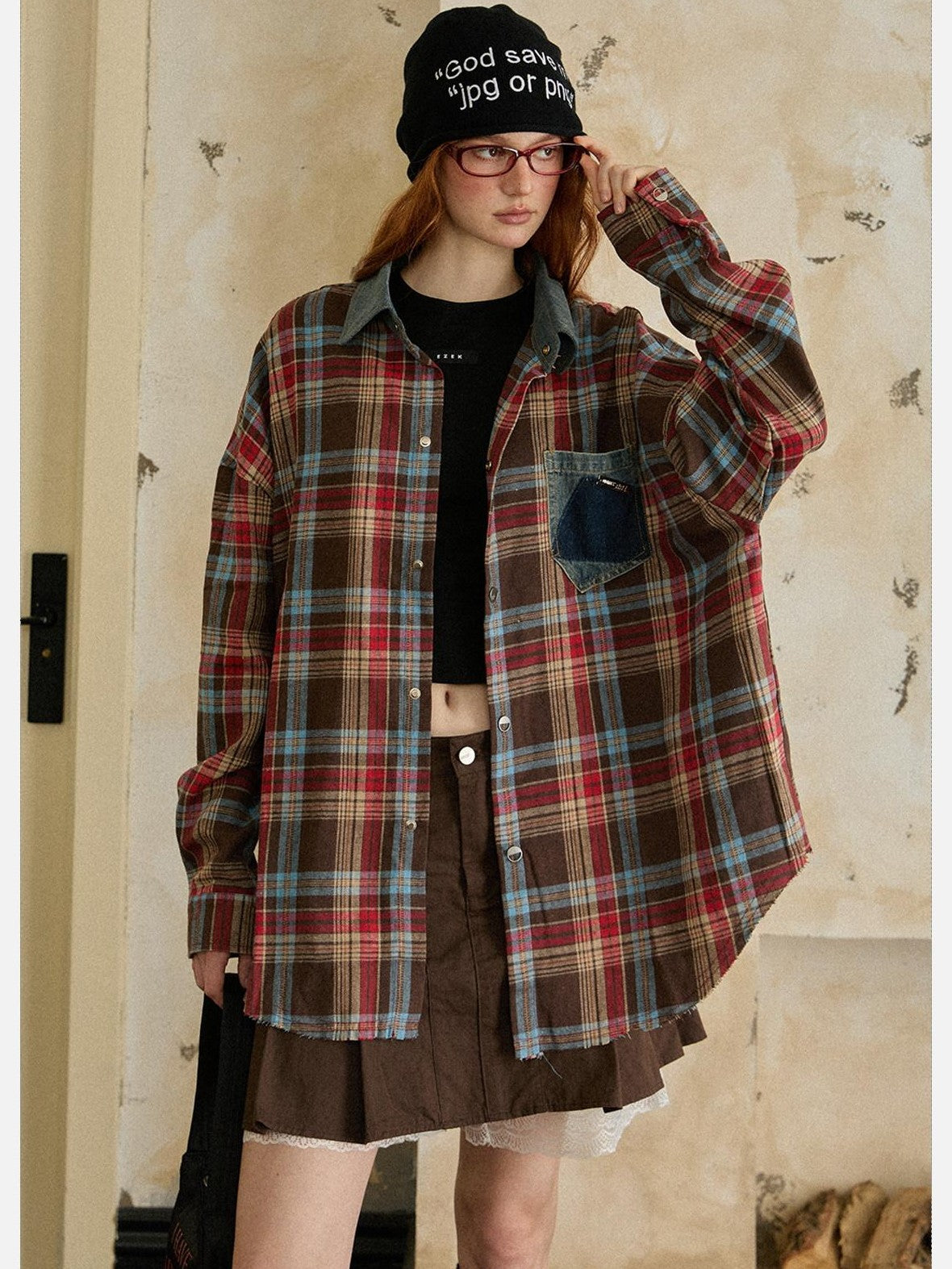 EZEK Vintage Brushed Edge Plaid Button Collar Women's Poly Cotton Oversized Shirts