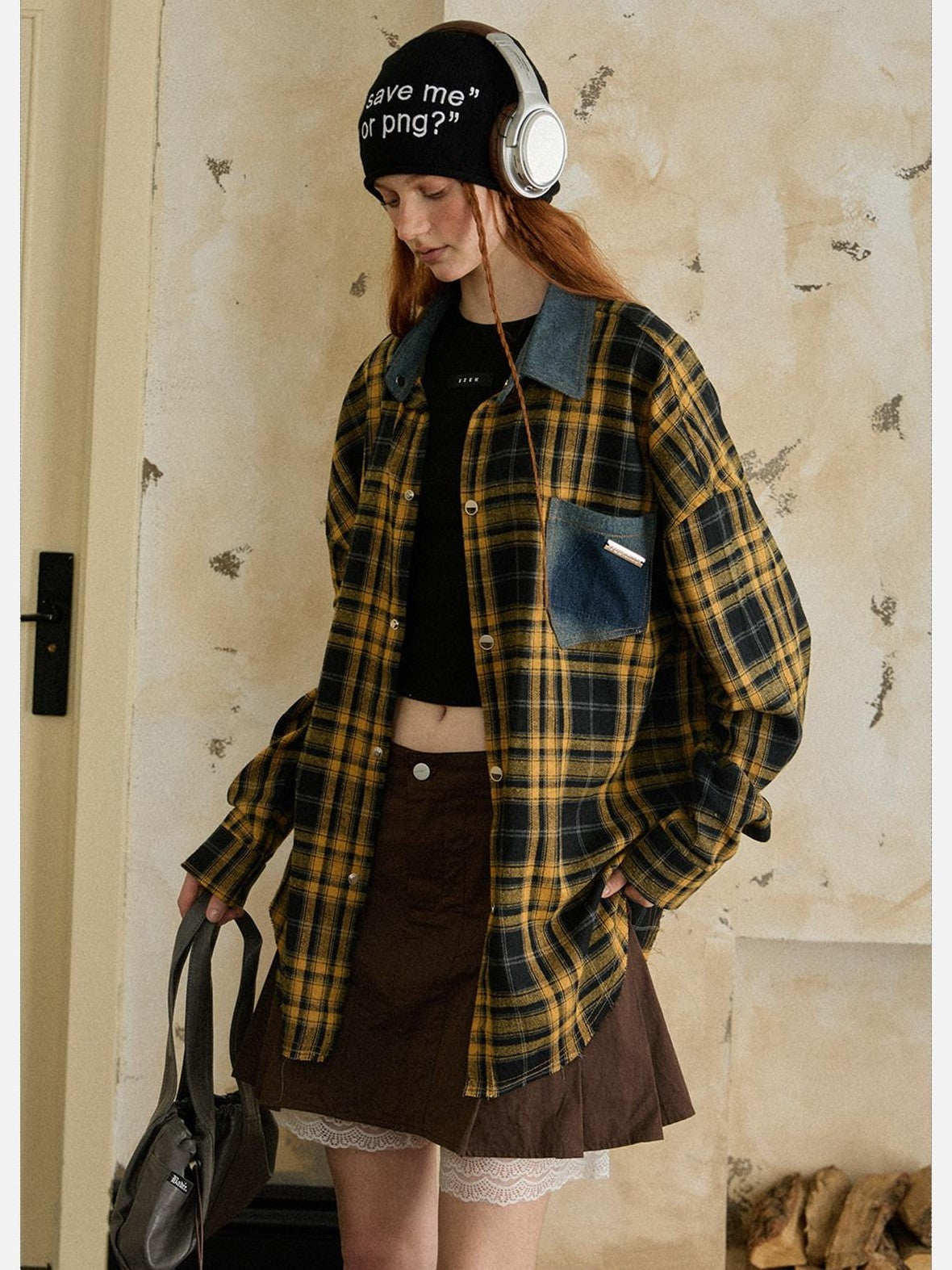 EZEK Vintage Brushed Edge Plaid Button Collar Women's Poly Cotton Oversized Shirts