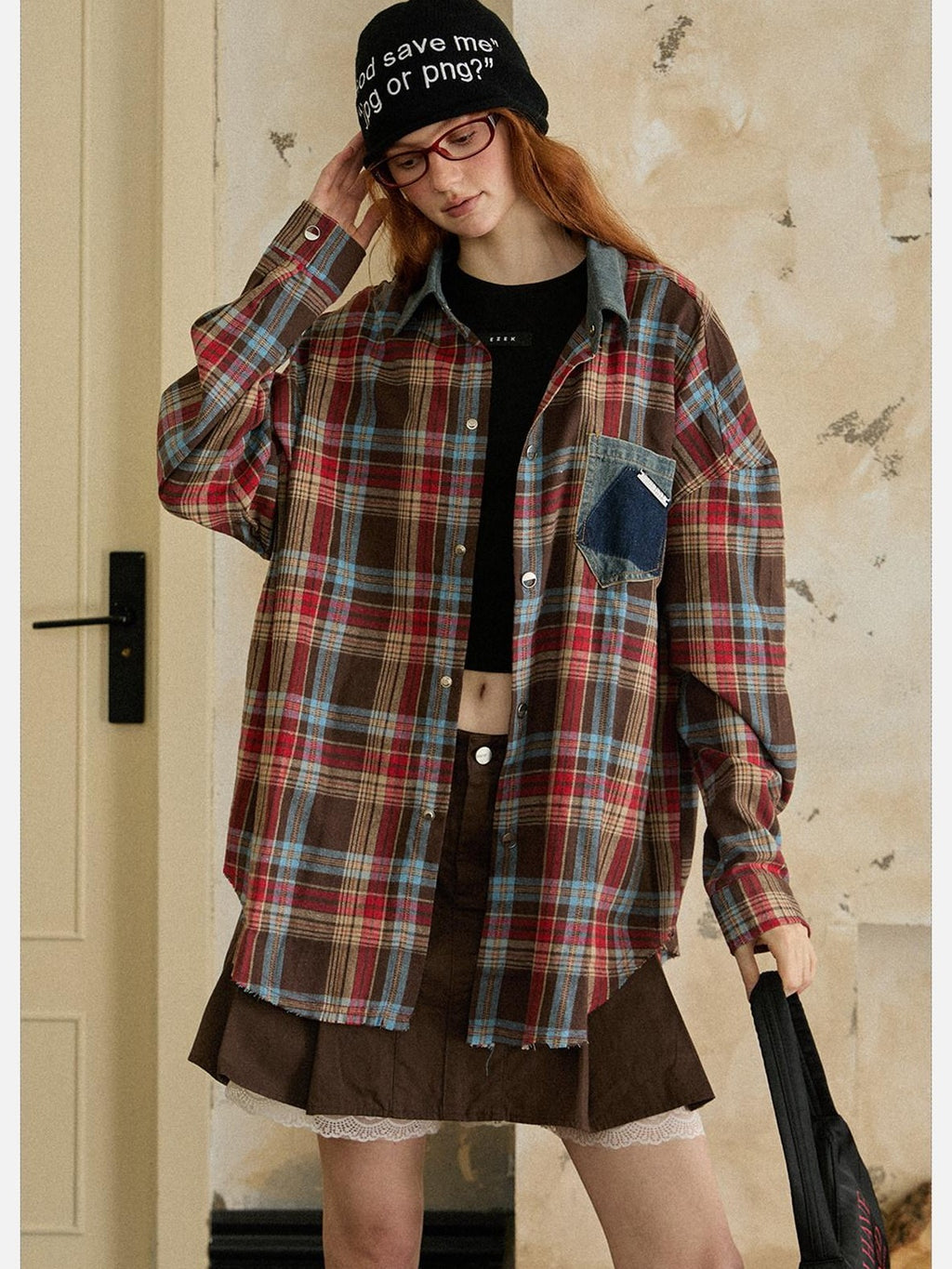 EZEK Vintage Brushed Edge Plaid Button Collar Women's Poly Cotton Oversized Shirts