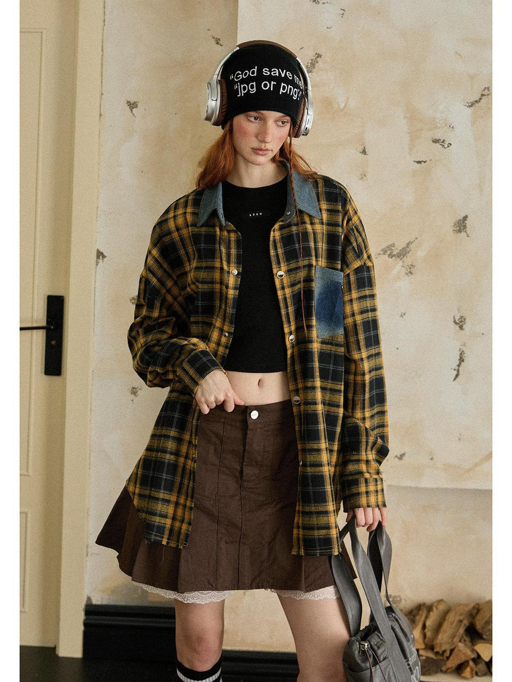 EZEK Vintage Brushed Edge Plaid Button Collar Women's Poly Cotton Oversized Shirts