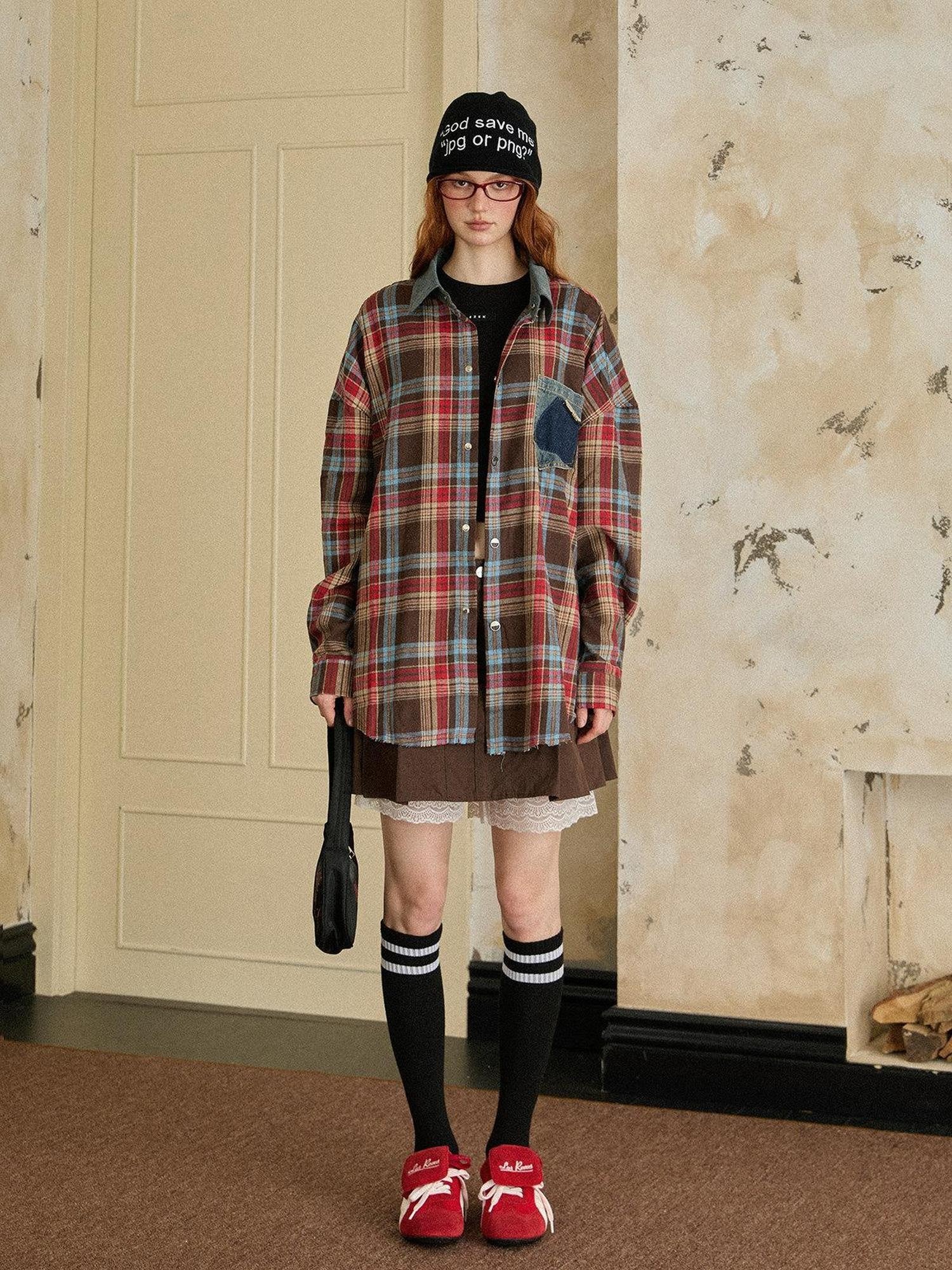 EZEK Vintage Brushed Edge Plaid Button Collar Women's Poly Cotton Oversized Shirts