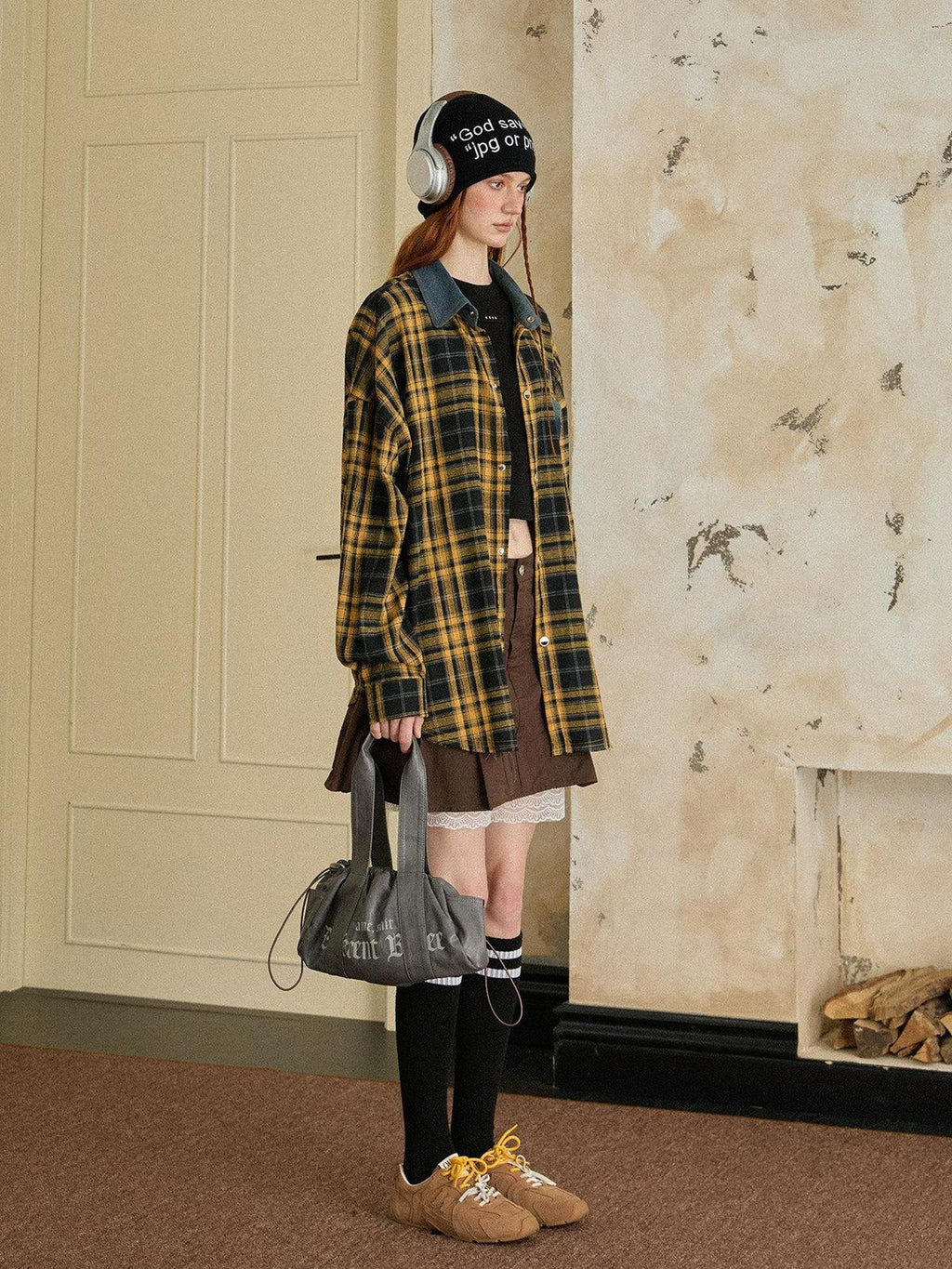 EZEK Vintage Brushed Edge Plaid Button Collar Women's Poly Cotton Oversized Shirts