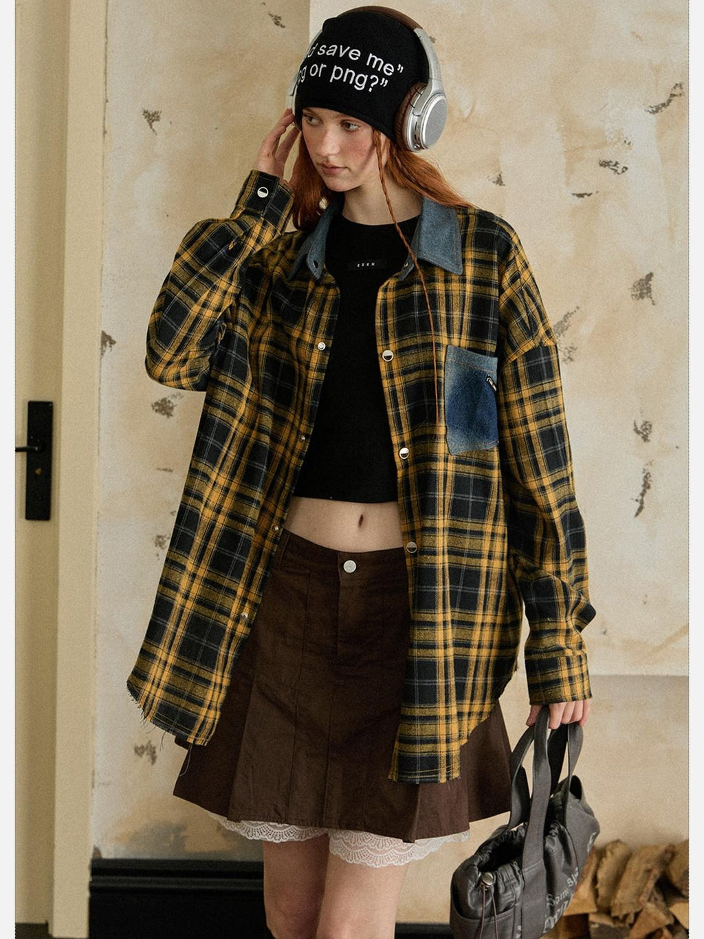 EZEK Vintage Brushed Edge Plaid Button Collar Women's Poly Cotton Oversized Shirts