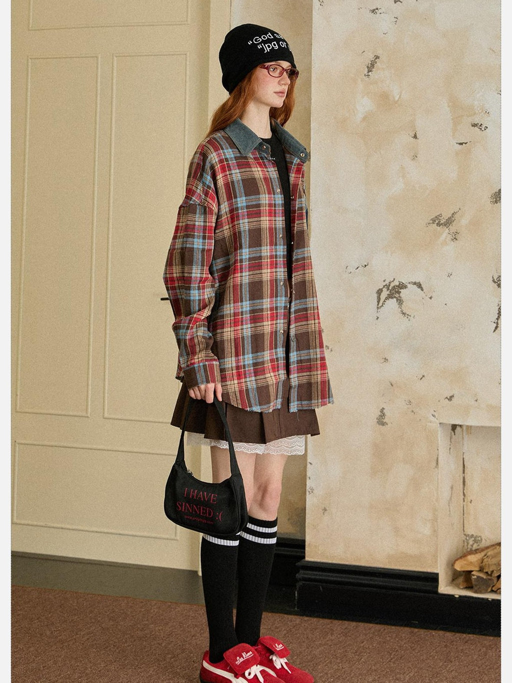 EZEK Vintage Brushed Edge Plaid Button Collar Women's Poly Cotton Oversized Shirts