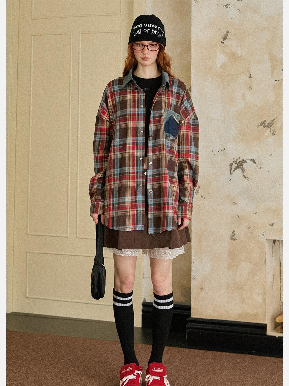EZEK Vintage Brushed Edge Plaid Button Collar Women's Poly Cotton Oversized Shirts