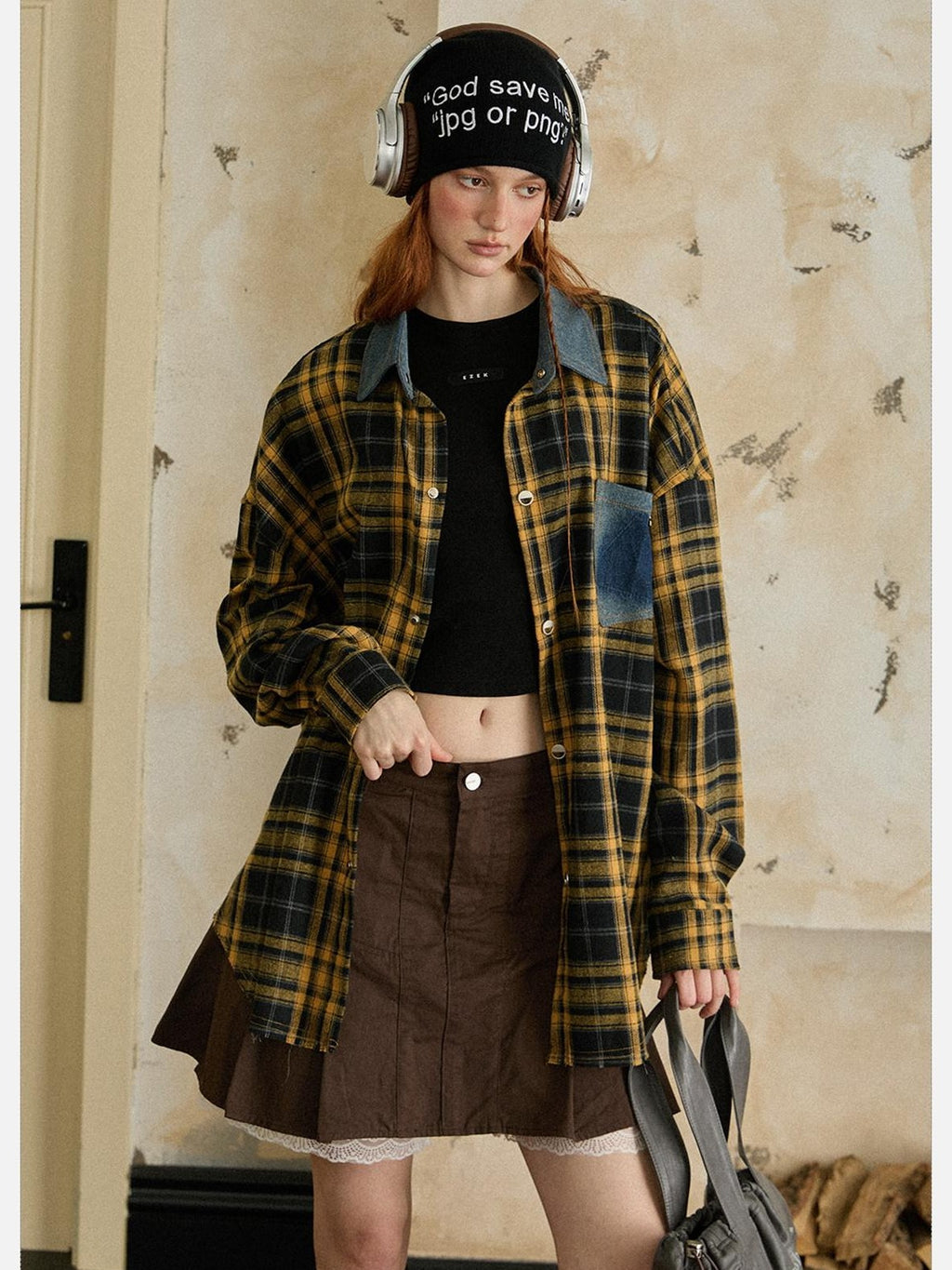 EZEK Vintage Brushed Edge Plaid Button Collar Women's Poly Cotton Oversized Shirts
