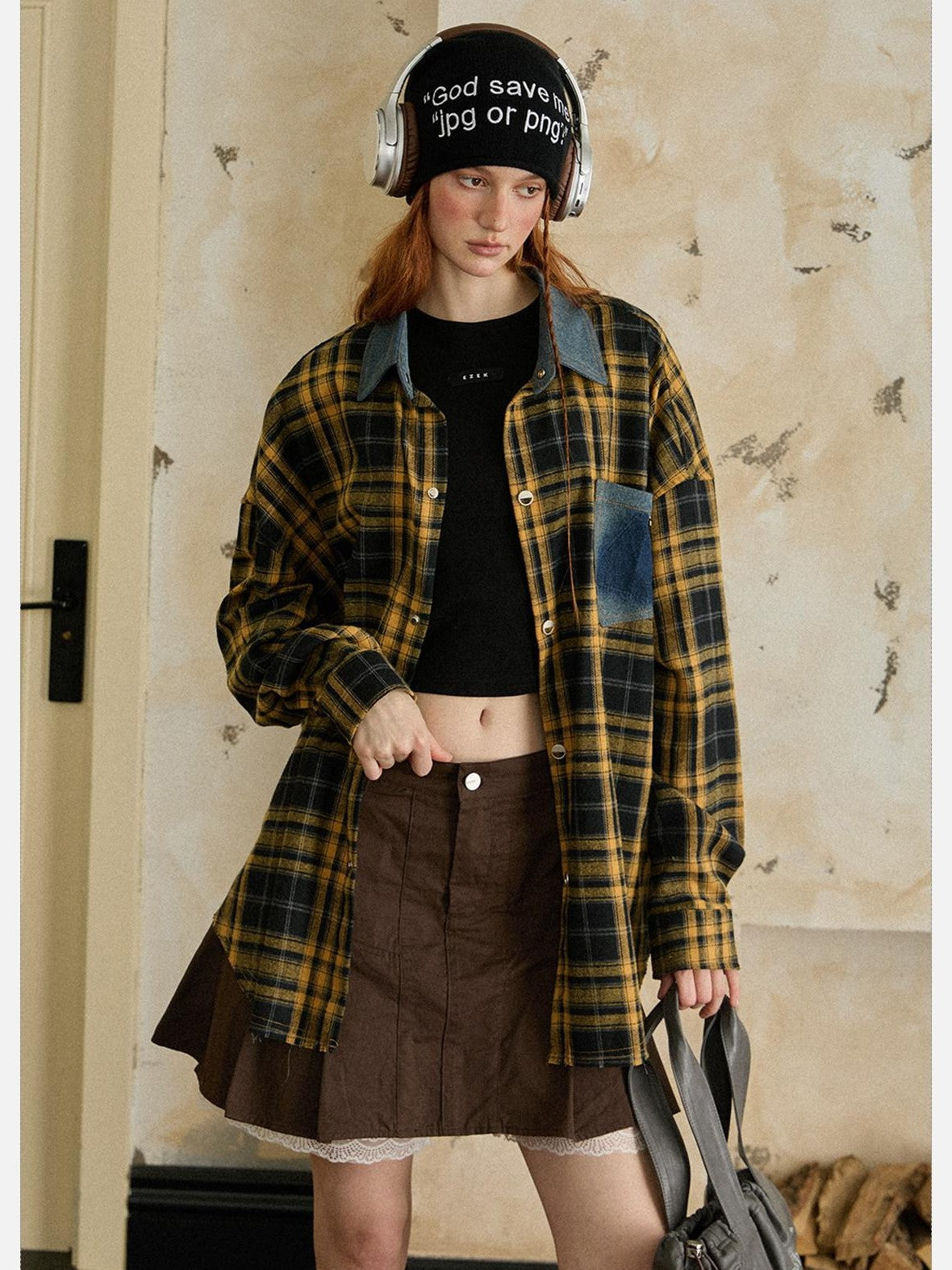 EZEK Vintage Brushed Edge Plaid Button Collar Women's Poly Cotton Oversized Shirts