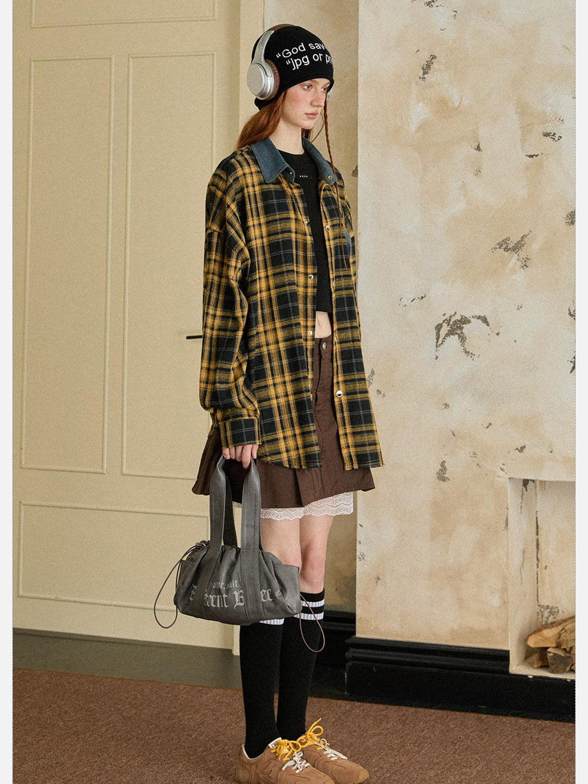 EZEK Vintage Brushed Edge Plaid Button Collar Women's Poly Cotton Oversized Shirts
