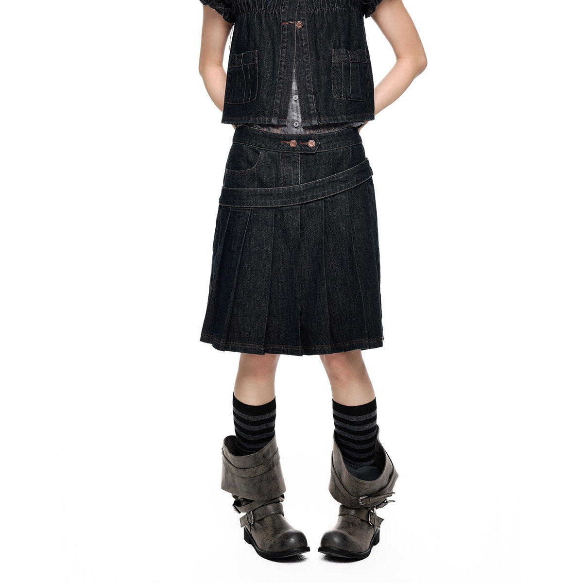 EZEK_Vintage_Doll_Collar_Puff_Sleeve_Pleated_Denim_Women's_Cotton_Matching_Skirt_Sets_1054205640956_MISSTT