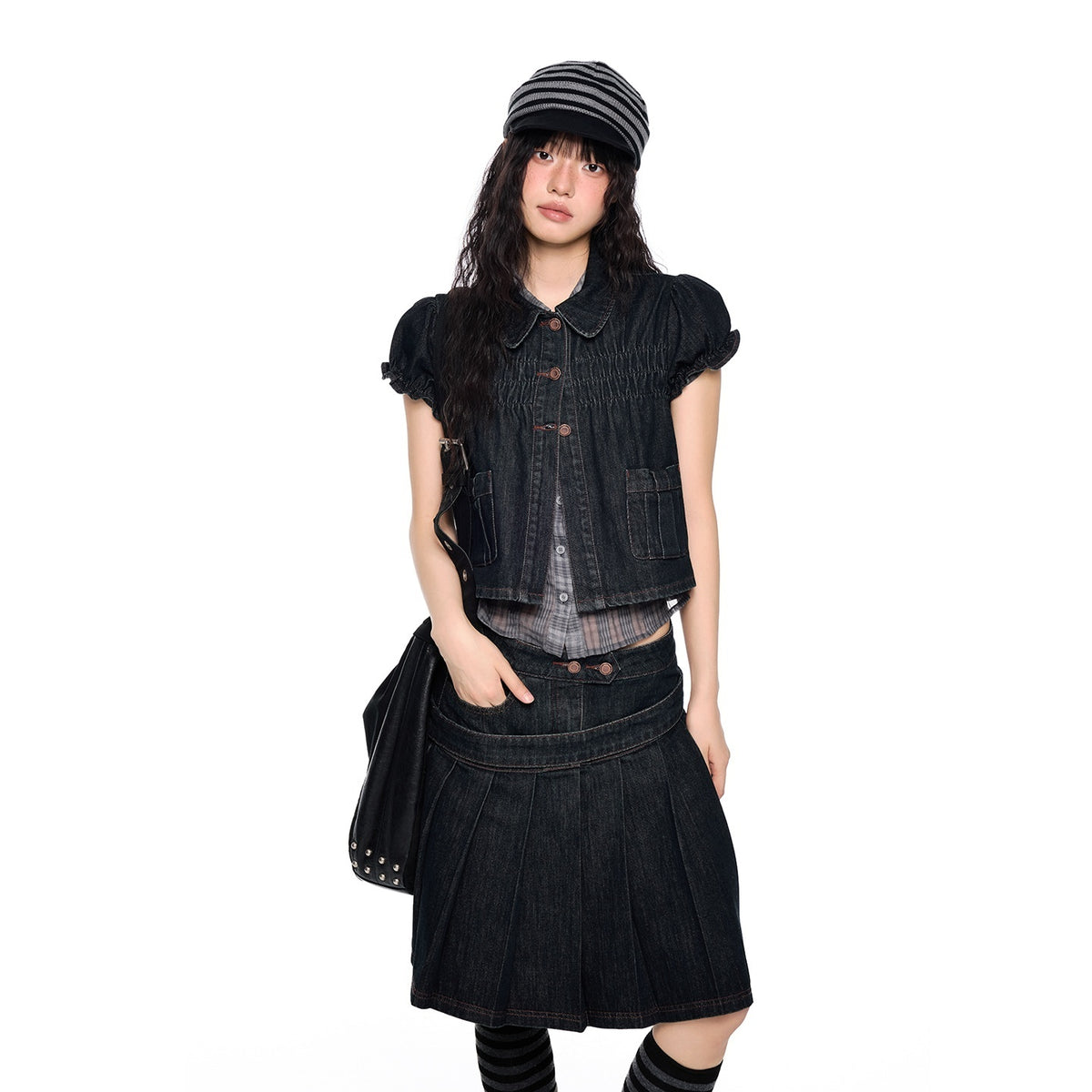 EZEK_Vintage_Doll_Collar_Puff_Sleeve_Pleated_Denim_Women's_Cotton_Matching_Skirt_Sets_1054205640956_MISSTT